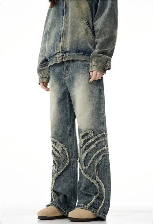 Jean Vintage Blue Graphic Splicing Baggy Jeans Size US 33 - 4 Thumbnail