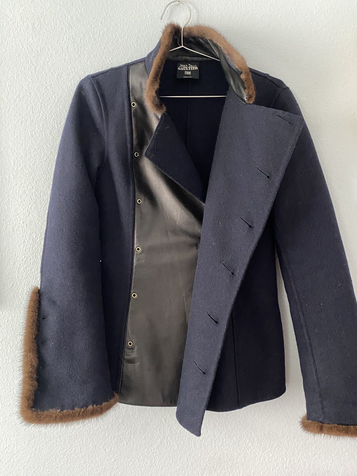 image of Jean Paul Gaultier Femme Wool Caban Fur Line Coat in Blue, Women's (Size Large)