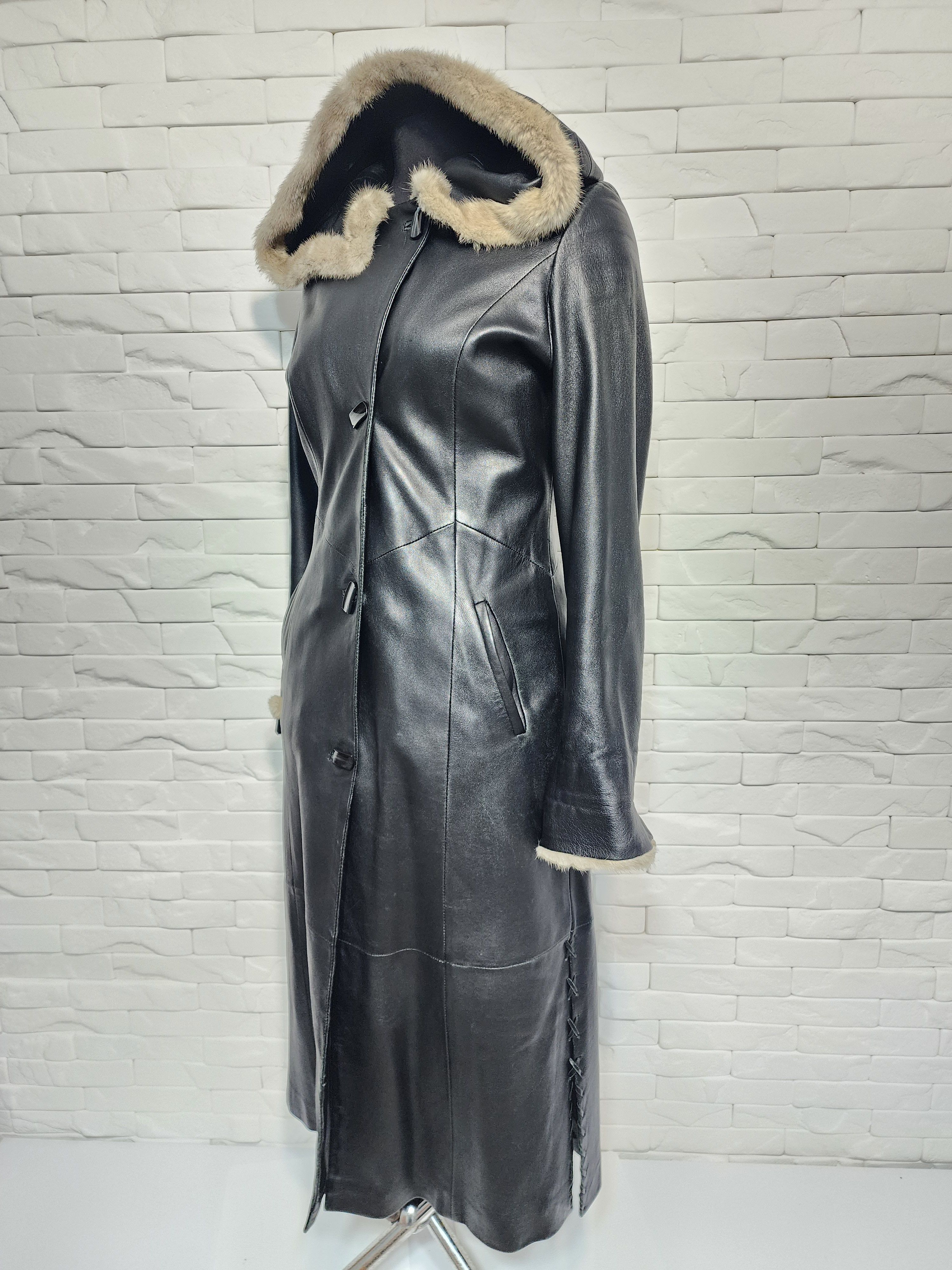 Genuine Leather Black Leather Long Jacket: Elegant Women's Coat With Hood Size M / US 6-8 / IT 42-44 - 2 Thumbnail