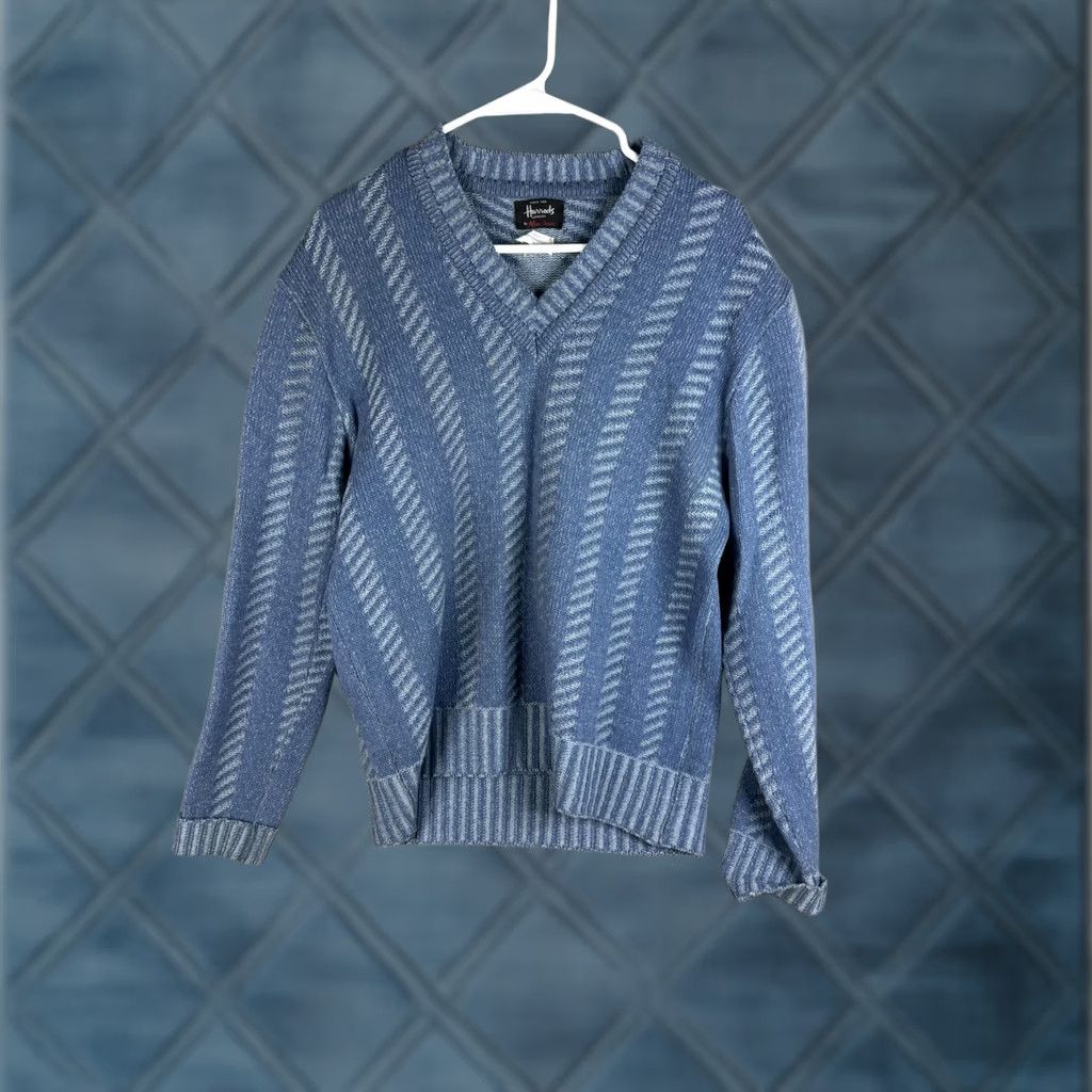 Vintage Harrods Mens Large Blue Sweater 100% Lambswool V-Neck Striped Knit Pullover, Men's