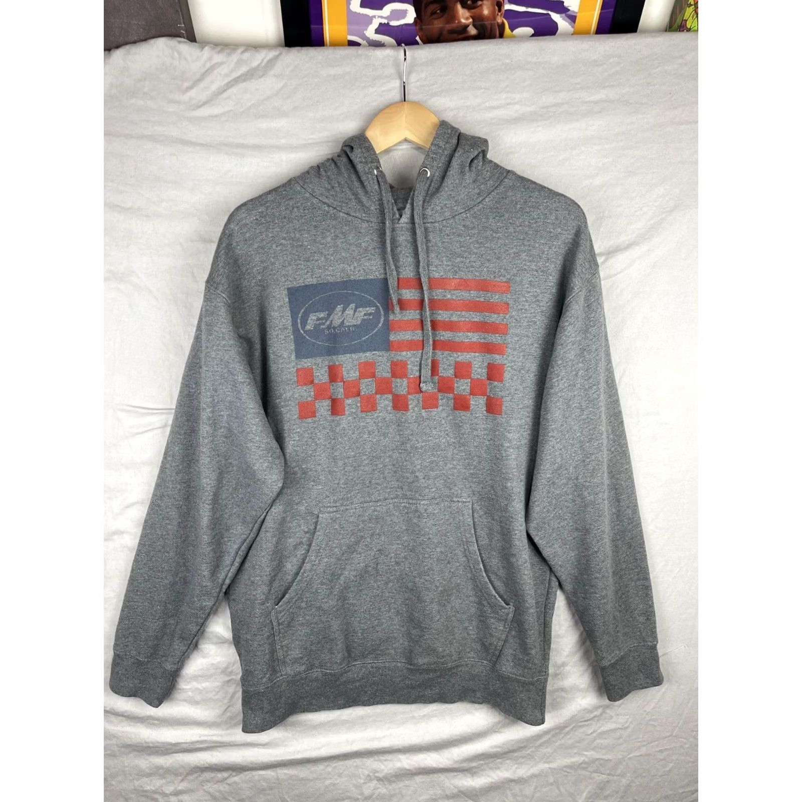 Vintage FMF Hoodie Mens Large Gray Sweatshirt Fleece Pullover Flying Machine Factory Graphic Print Hooded Pockets Logo Size US L / EU 52-54 / 3 - 2 Thumbnail