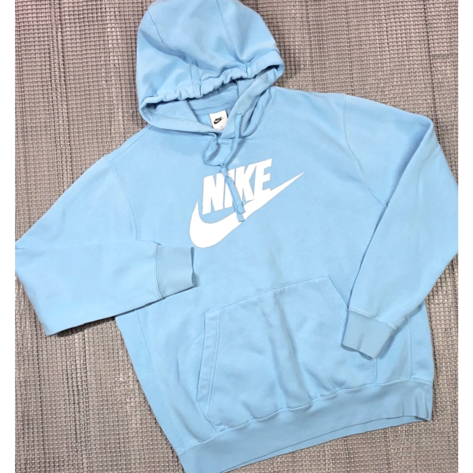Nike Sportswear Club Fleece L Hoodie Big Spell Out Logo Heather Blue Drawstring Mens L Hoodie