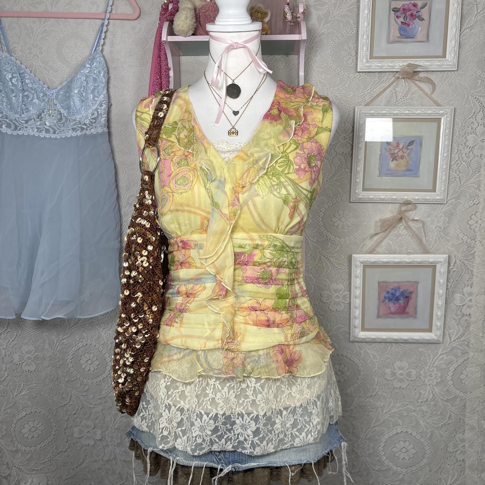 Other vintage fairy core ruffle floral silk top Size M / US 6-8 / IT 42-44 - 1 Thumbnail