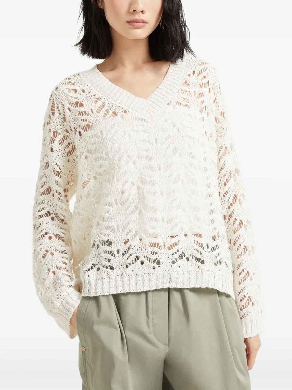 Brunello Cucinelli o1la1rc1a0326 V-Neck Sweater in White Size XL / US 12-14 / IT 48-50 - 2 Thumbnail