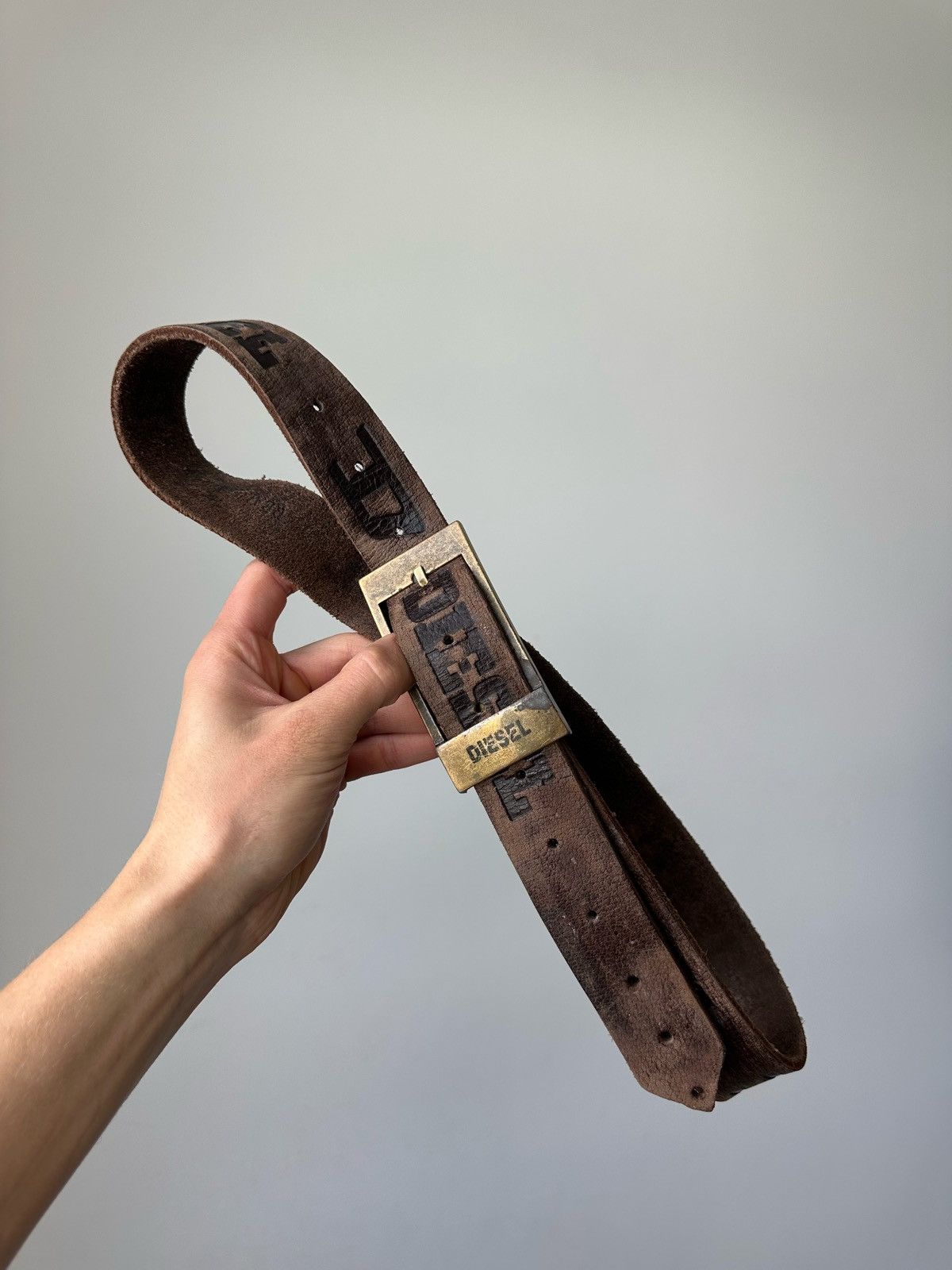 Vintage 90s Diesel Spell Out Logo Brown Washed Leather Belt