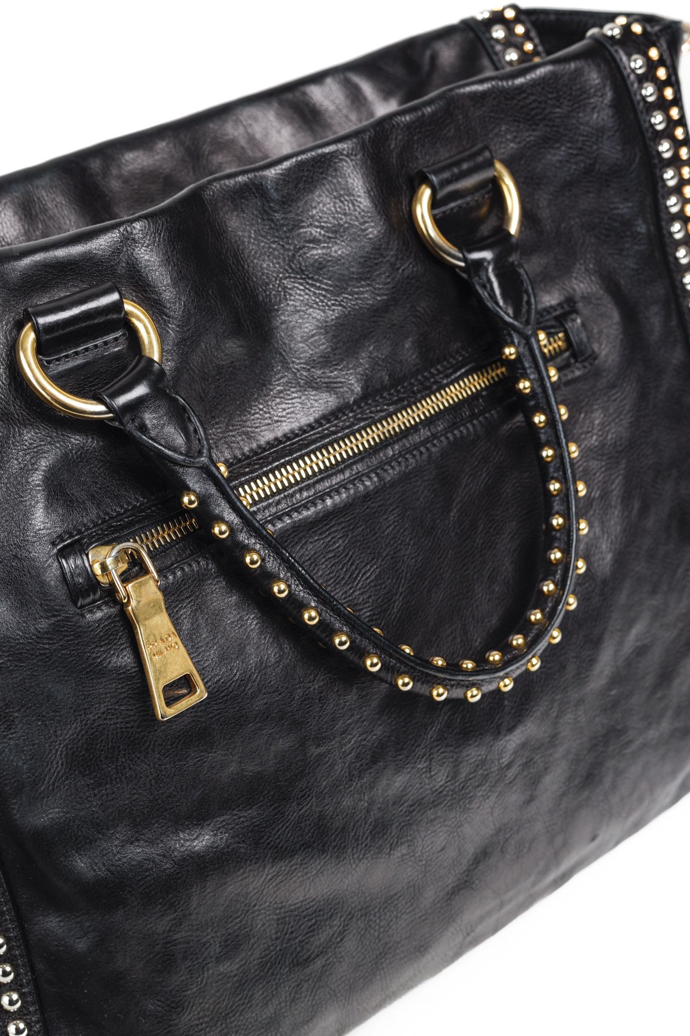 Prada Prada Craquele Nero Glace Calf Leather Studded Shopper Tote Size ONE SIZE - 14 Thumbnail