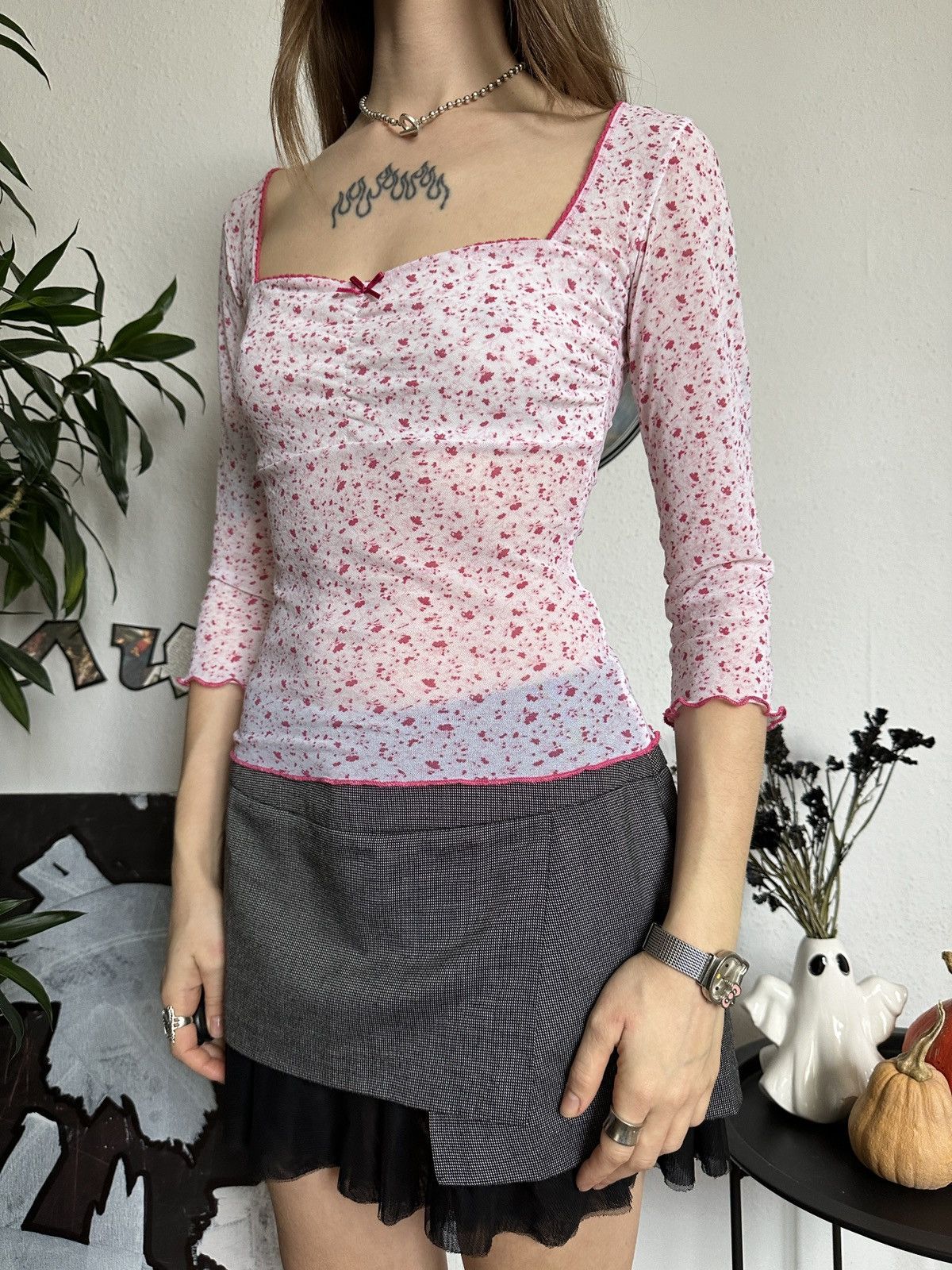 Japanese Brand × Vintage Baby Doll Cute Coquette Mesh Blouse Floral Top 3/4 Sleeve Size XS / US 0-2 / IT 36-38 - 3 Thumbnail