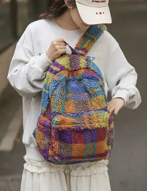 Japanese Brand Backpack Wool Unisex Fluffy Plush Rainbow Size ONE SIZE - 4 Thumbnail