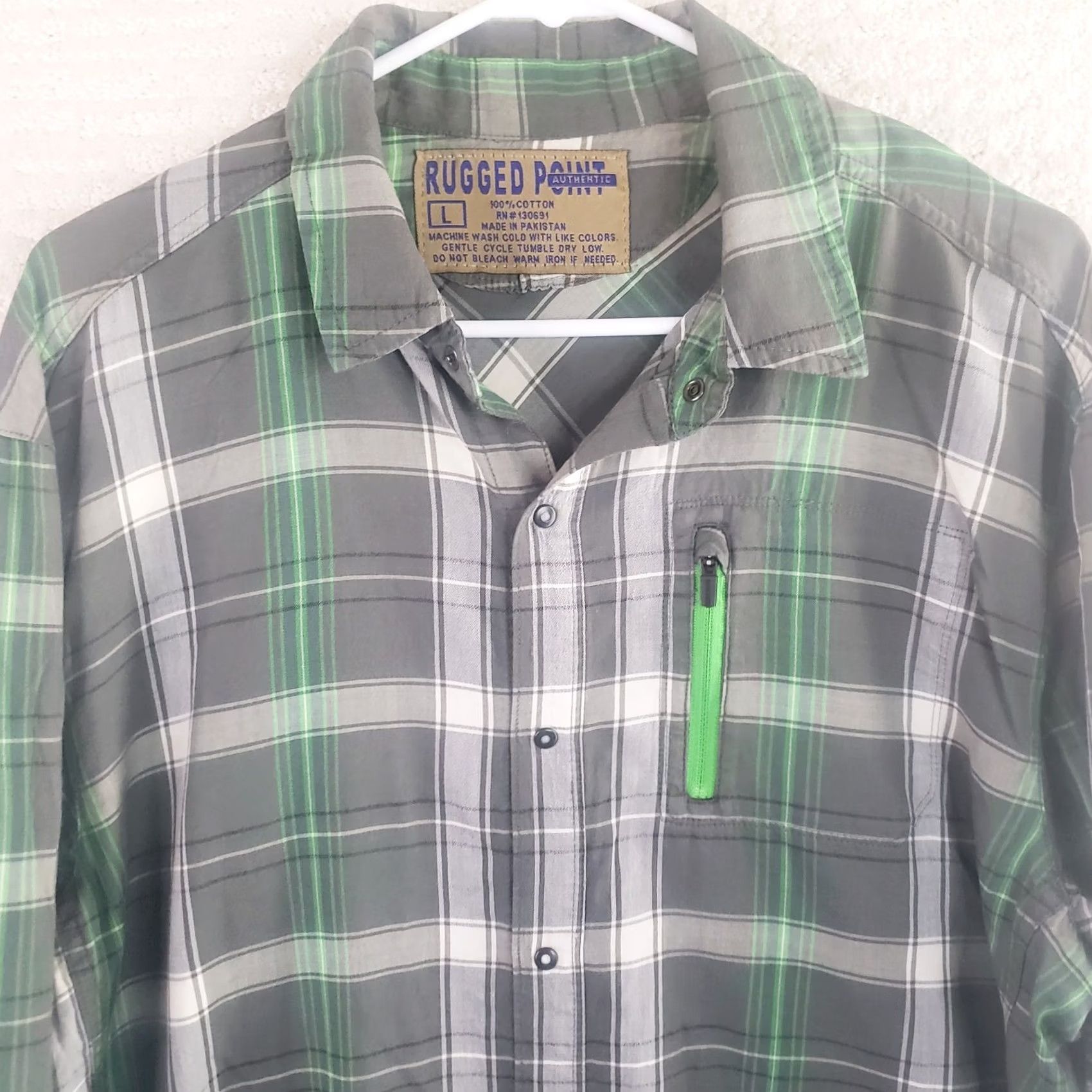 Vintage Rugged Point Button Down Shirt Mens L Green Gray Plaid Twill Zip Pocket Snap Button Size US L / EU 52-54 / 3 - 3 Thumbnail
