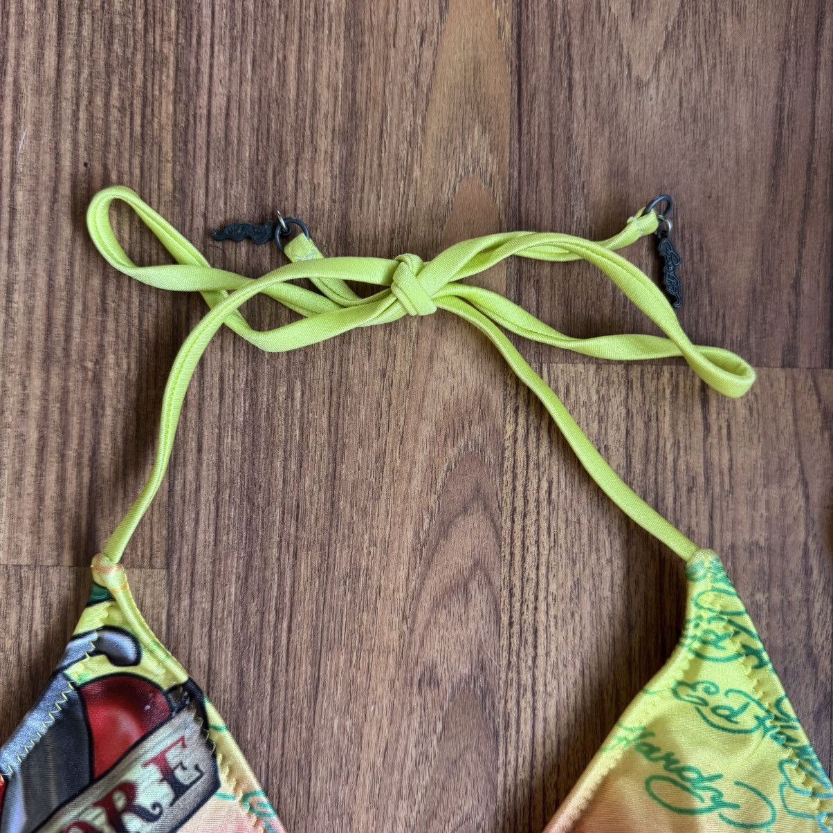 ED HARDY Vintage Y2K Rare Pink Yellow Dishonor Bikini Set