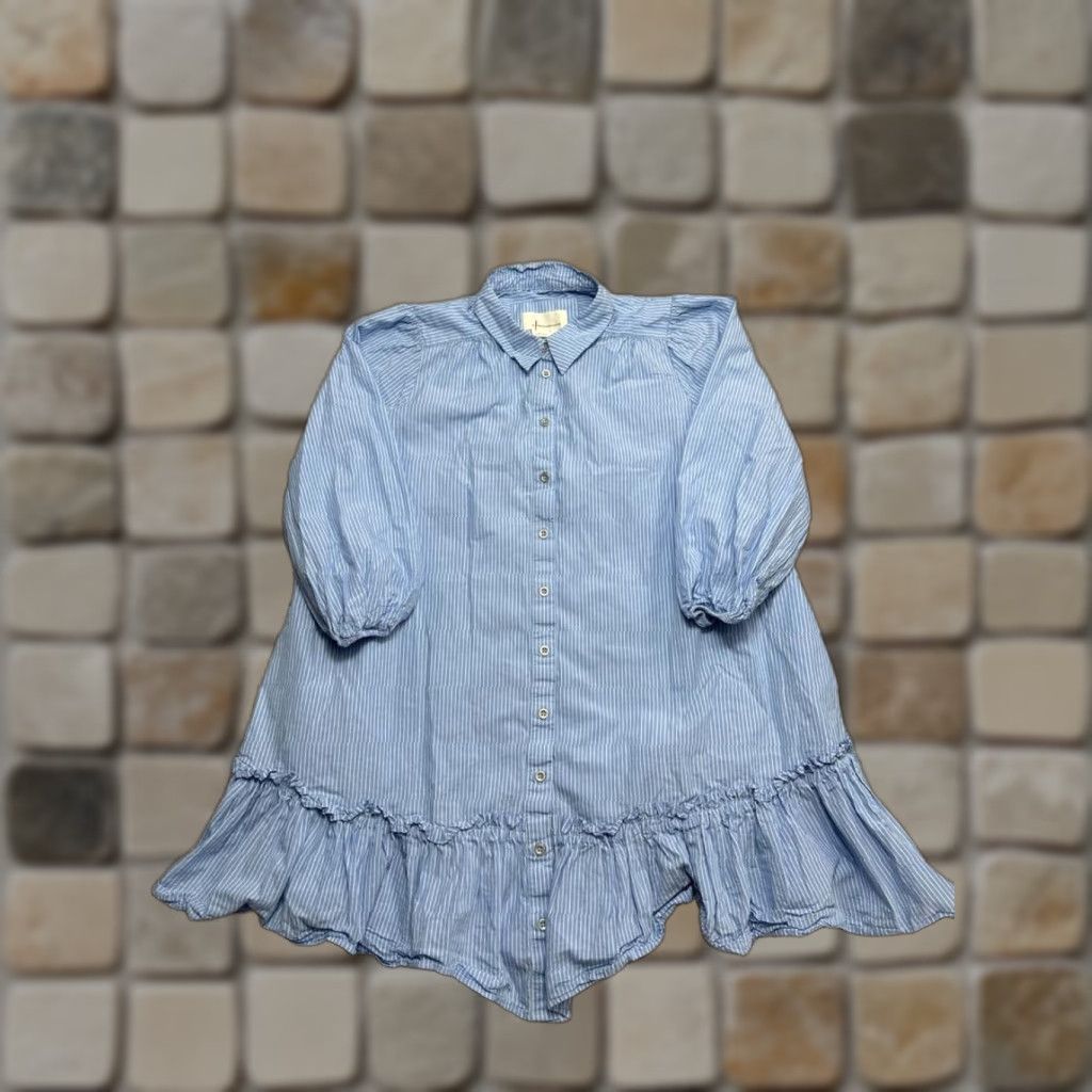 Anthropologie Shirt Dress Womens XS Petite Blue Cotton Knit Blouson Short  Sleeve Button Collared Casual Summer,