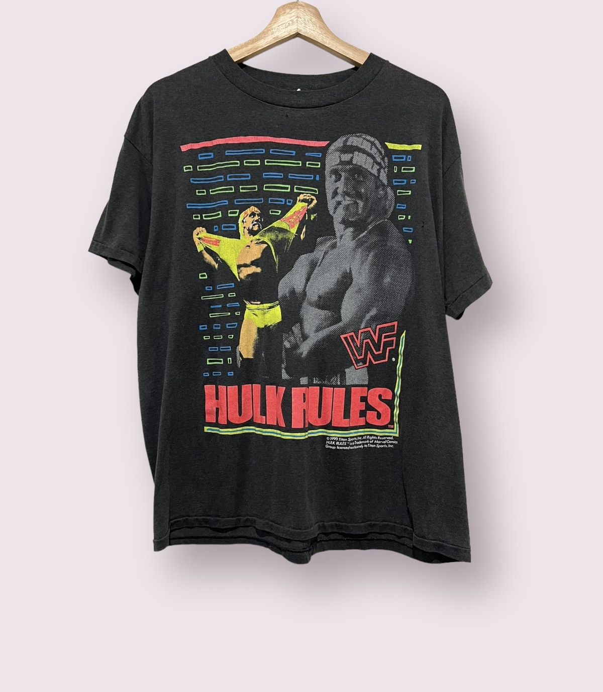 image of Vintage 1990 Hulk Hogan Wwf Wrestling Hulk Rules T-Shirt in Black, Men's (Size XL)