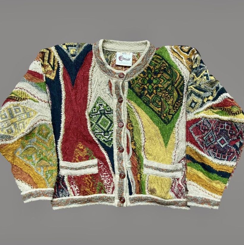 image of Coogi Australia Y2K Vintage 3D Knit Cardigan in Beige, Men's (Size Small)