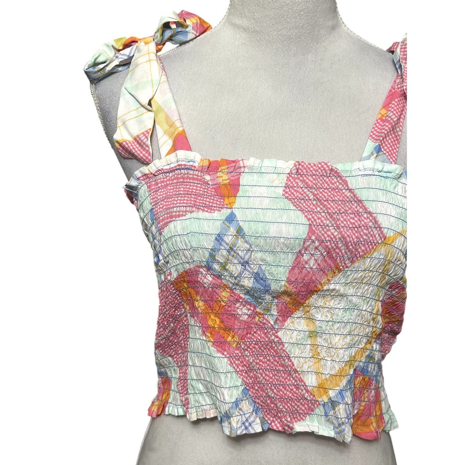 BP. BP Crop Top Smocked Shoulder Tie Geometric Multi Pastel NWOT Size L / US 10 / IT 46 - 2 Thumbnail