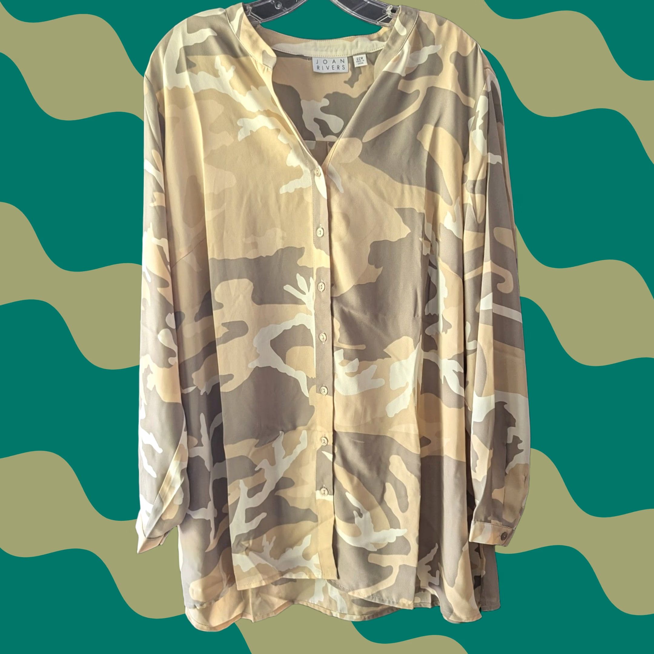 Vintage Joan Rivers Tunic Top Tan Camo Print Button Up Long Sleeve 22W Neutral Office Size 3XL / US 20-22 - 1 Thumbnail