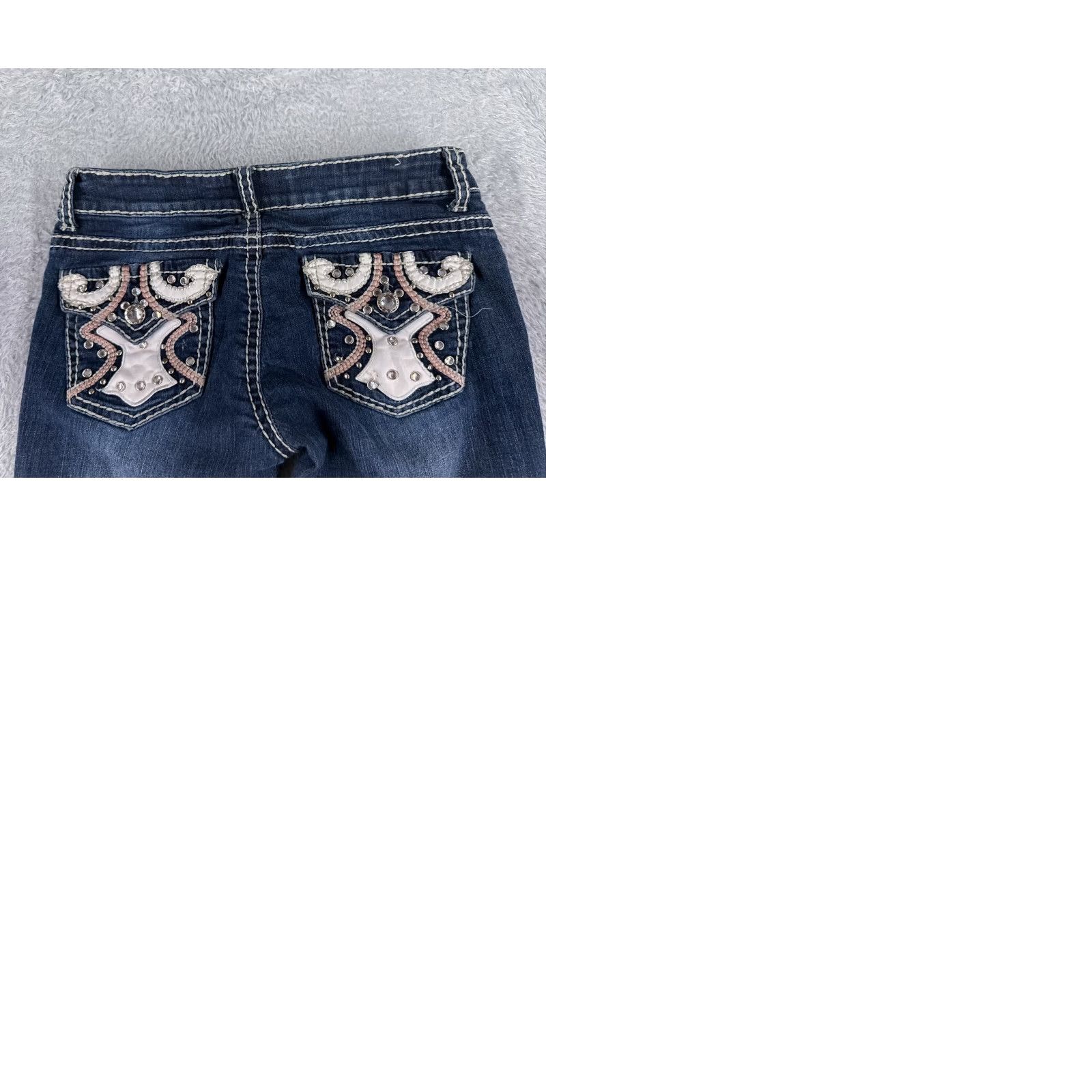 Denime Liuces Jeans Womens 7 Blue Denim Bootcut Distressed Dark Low Rise 25x26 Hemmed 26 Inseam Regular 5-Pocket Logo Embroidered Button Cotton Blend Stretch Size 28" / US 6 / IT 42 - 10 Thumbnail