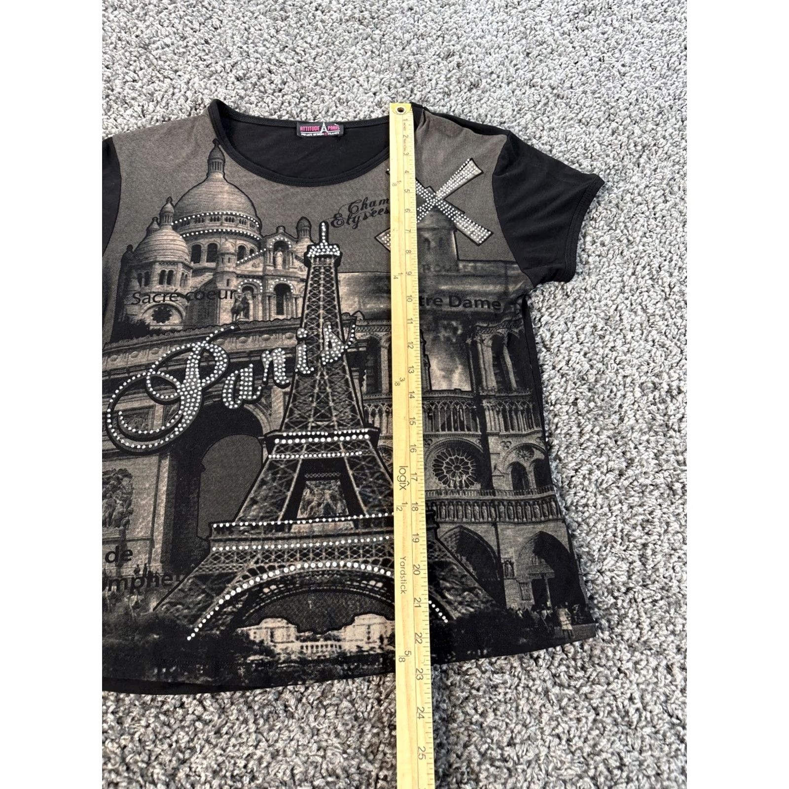 Gloverall VINTAGE Attitude Paris T Shirt Womens XL Black Cotton Rhinestone Y2K All Over Graphic Fitted Short Sleeve Size XL / US 12-14 / IT 48-50 - 2 Thumbnail