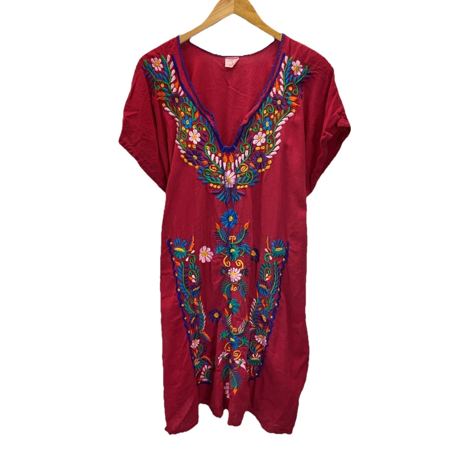 VINTAGE Mexican Embroidered Patio Dress Red 2XL Tie Back Hippie Boho Women  Midi Sheath Short Sleeve