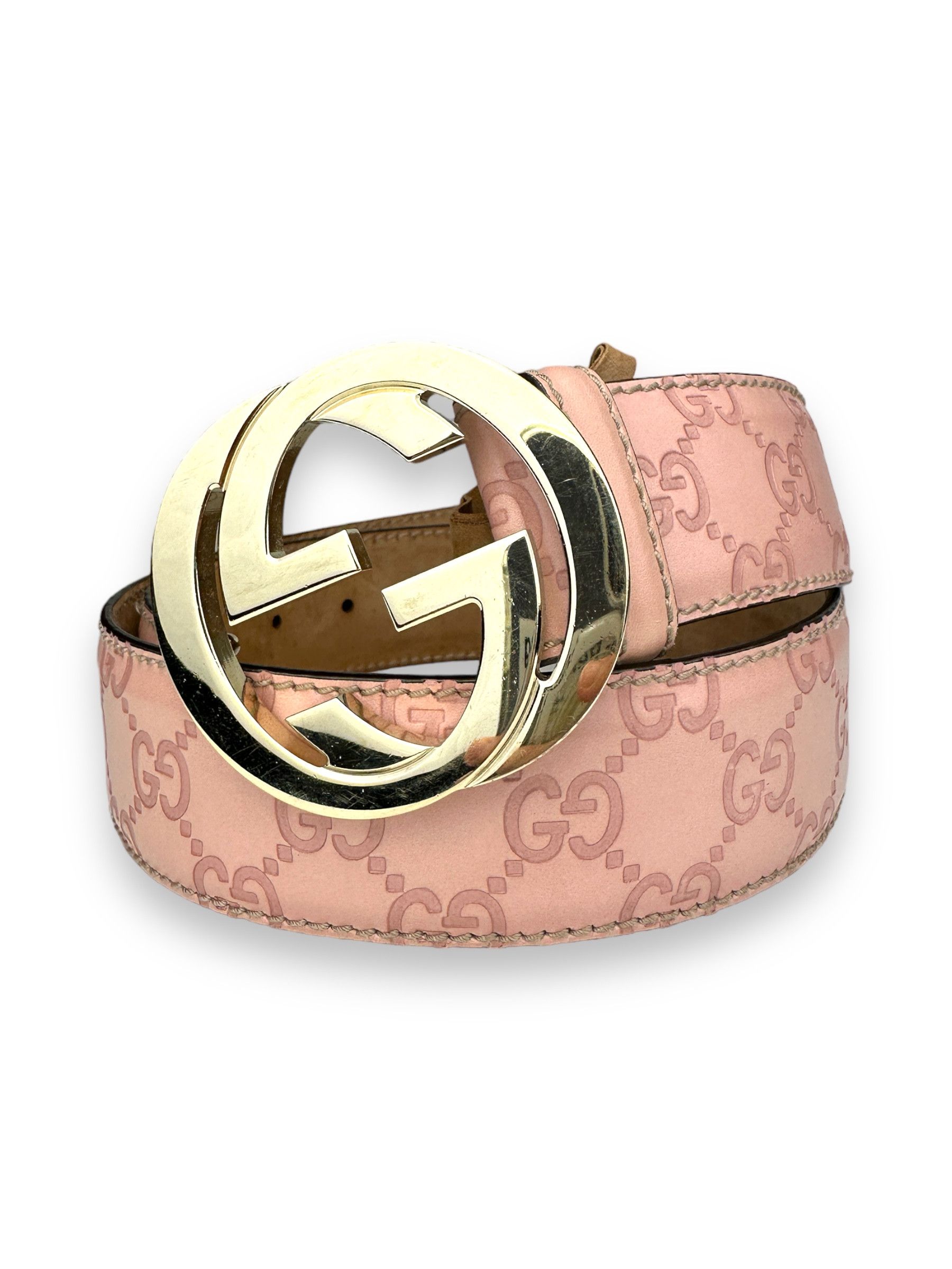 Gucci Pink Monogram Embossed GG Oversized Logo Belt