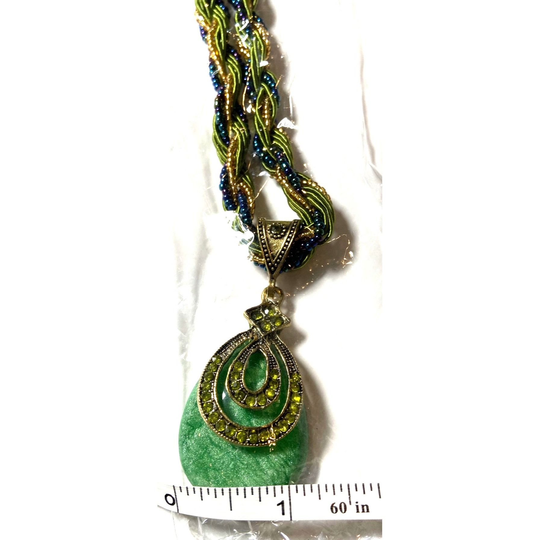 Other Bohemian Braid Necklace Green Resin Pendant 16" Blue & Gold Size ONE SIZE - 3 Thumbnail