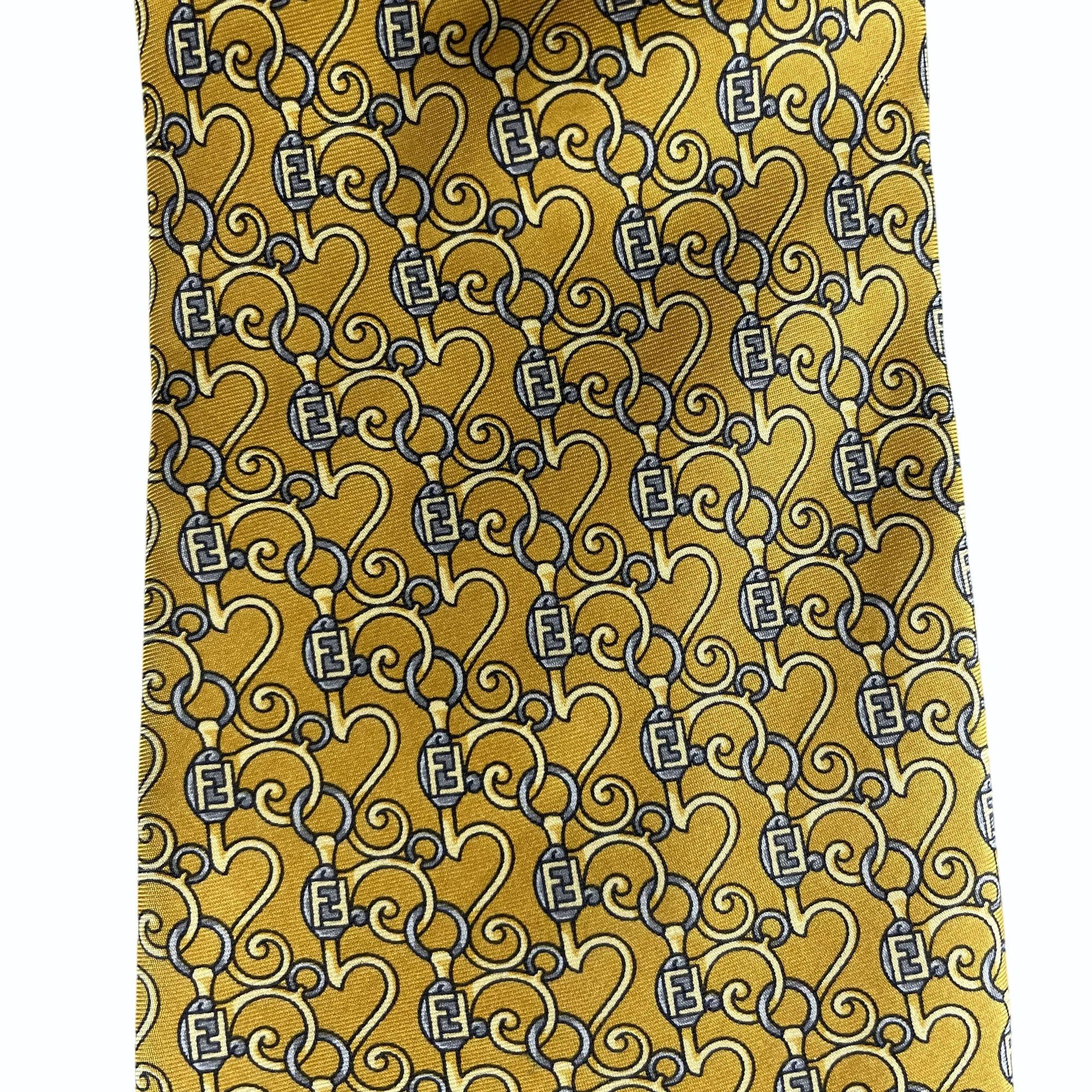 Fendi Fendi Monogram Scroll Pattern Gold & Gray Silk Tie Size ONE SIZE - 3 Thumbnail