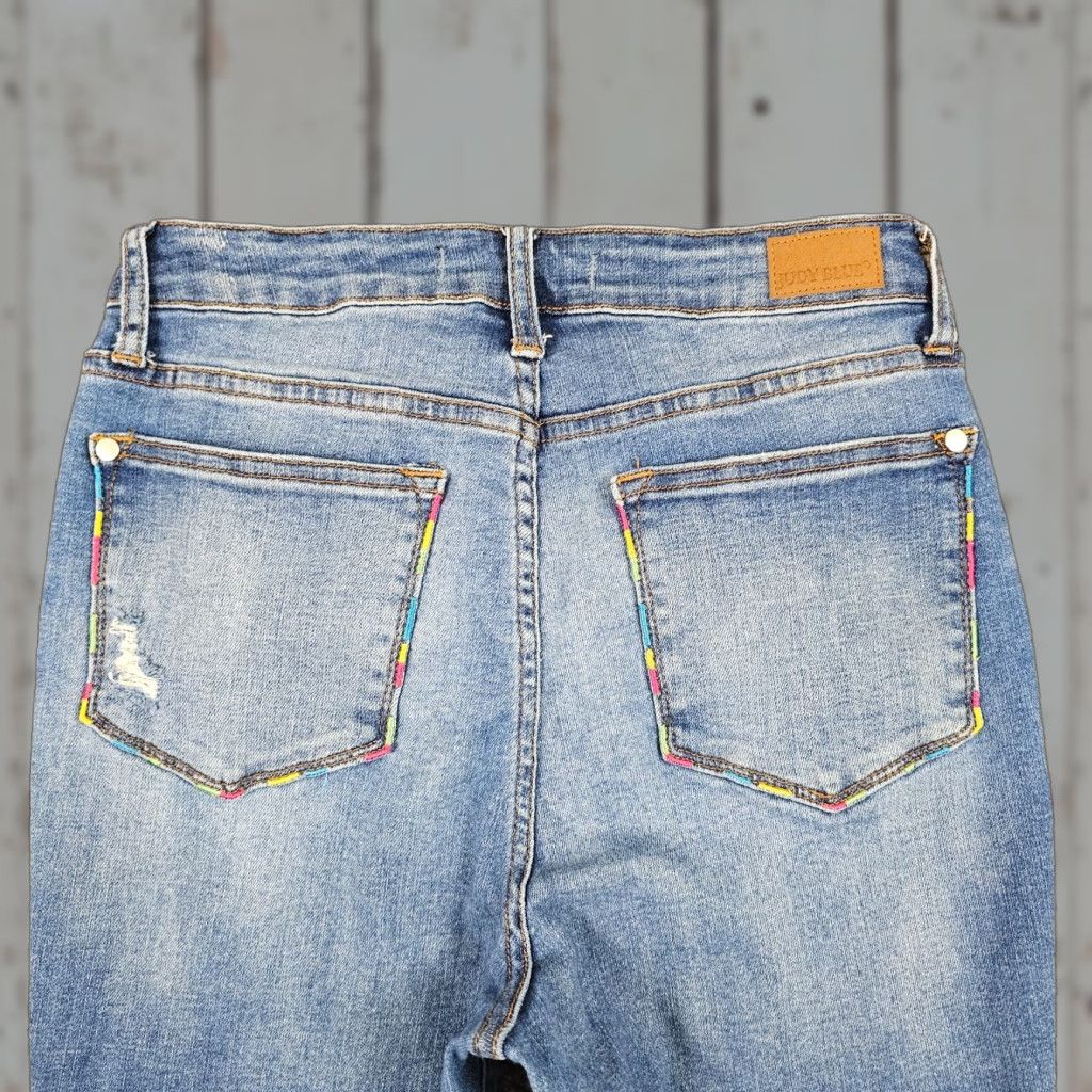 Rainbow Vintage Judy Blue Women’s Skinny Jeans 27 Mid Rise Rainbow Stretch Distressed Medium Wash Size 27" / US 4 / IT 40 - 1 Thumbnail