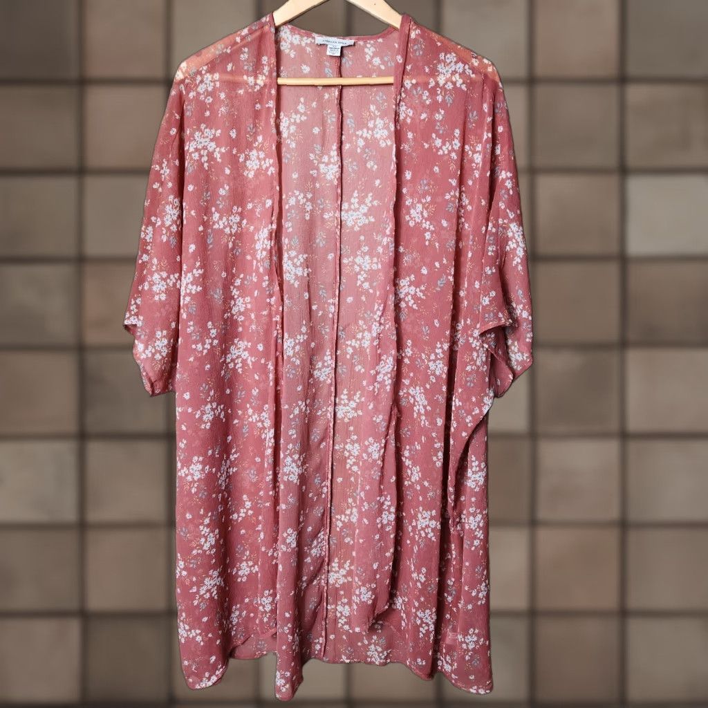 American Eagle Outfitters American Eagle Womens Ditsy Floral Kimono Duster-Size O/S Blouse Orange Short Sleeve Dolman Sleeve Polyester Lightweight Size ONE SIZE - 1 Thumbnail