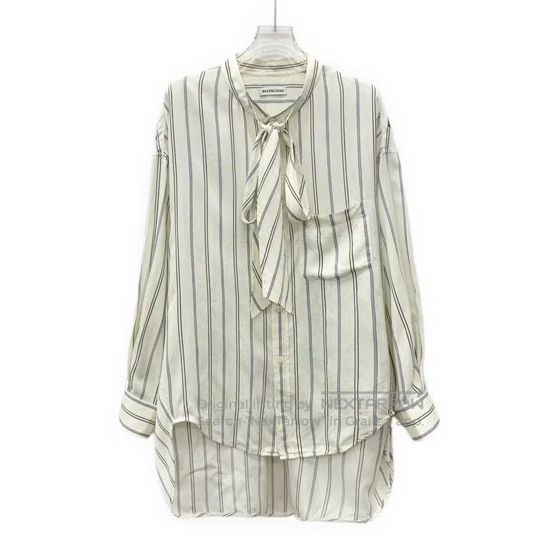 Balenciaga Balenciaga size 38 White Striped Tie Bow Mulberry Silk Lon Size S / US 4 / IT 40 - 1 Thumbnail