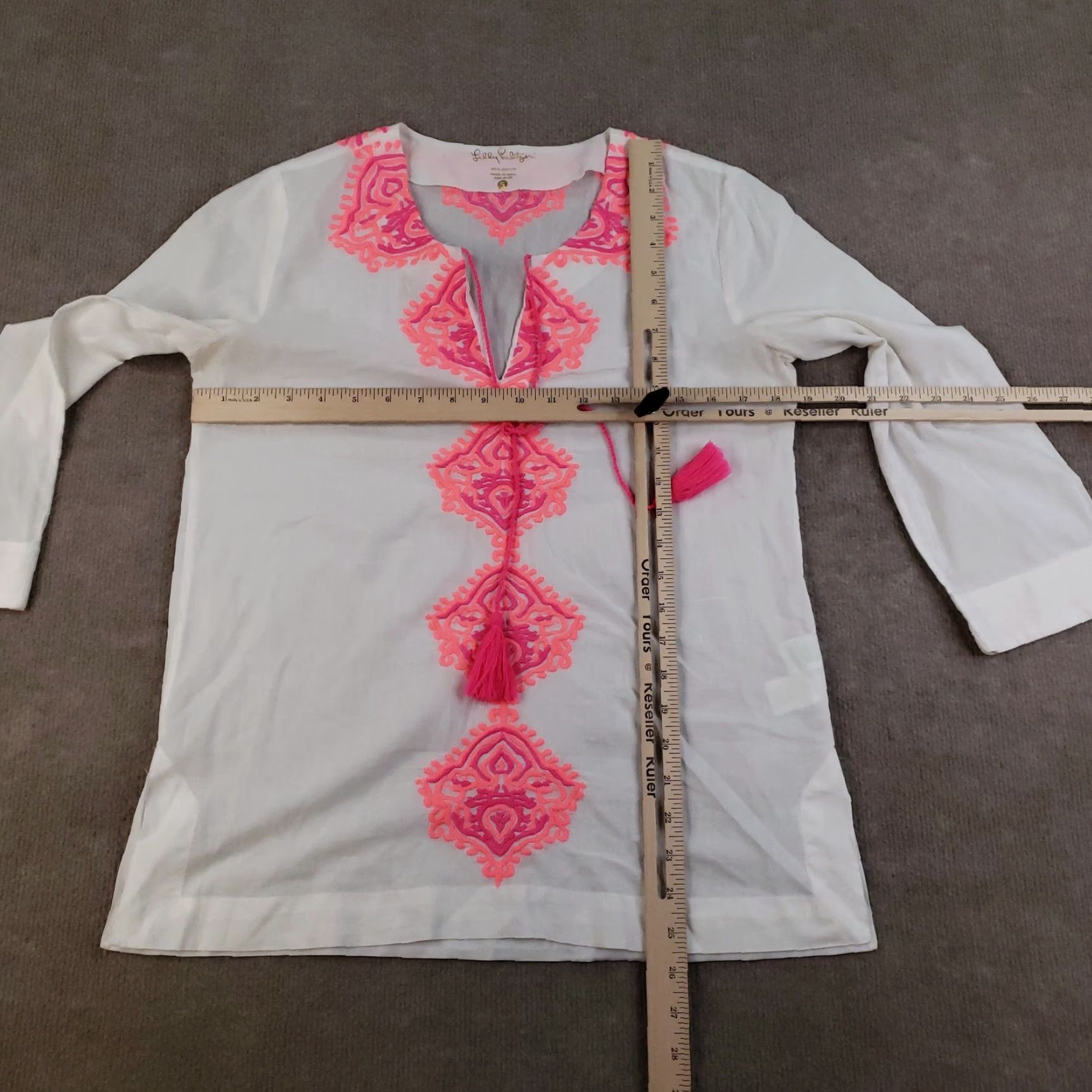 Lilly Pulitzer Lilly Pulitzer Shirt Womens Small White Embroidered Tunic Top Tassel Boho ZZ Shirt Blouse Geometric Beach Bohemian 3/4 Sleeve V-Neck Womens Size S / US 4 / IT 40 - 2 Thumbnail