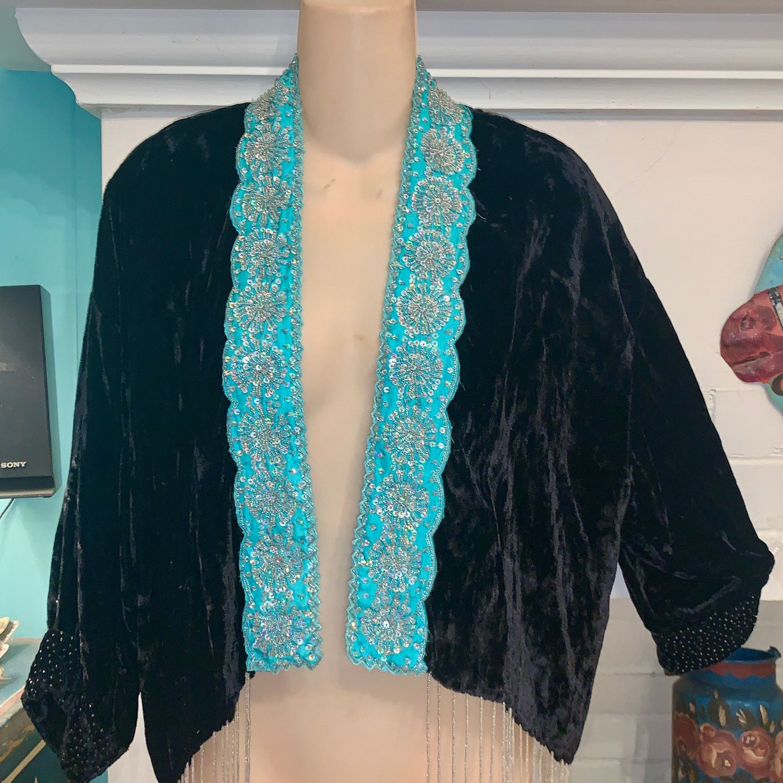 Other VINTAGE 90’s SAGE MACHADO FRINGED BEADED VELVET JACKET Size S / US 4 / IT 40 - 1 Thumbnail