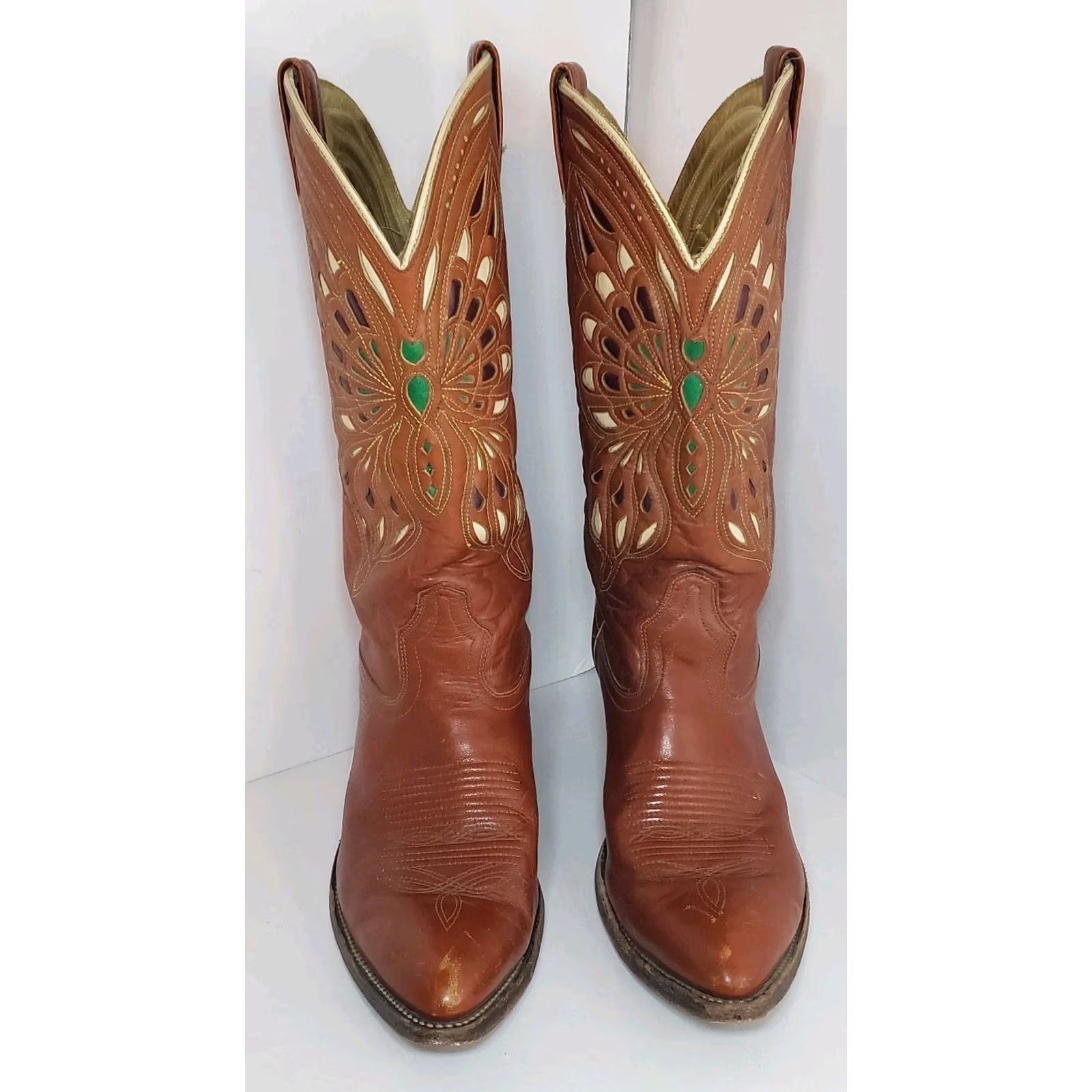 Vintage VINTAGE Acme Butterfly Inlay Brown Red Mens 9/W10.5 Cowboy Western Boots Mid-Calf Leather Pointed Toe Pull On 1950s Limited Edition Size US 9 / IT 39 - 2 Thumbnail