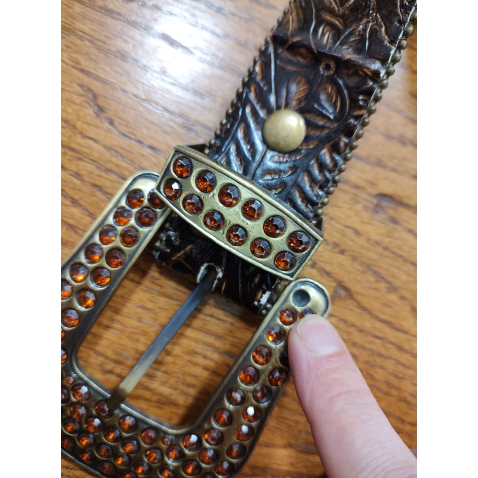 Vintage Western Belt Brown Leather Rhinestone Horseshoe Large Buckle Cowboy Western Classic Womens Size ONE SIZE - 2 Thumbnail