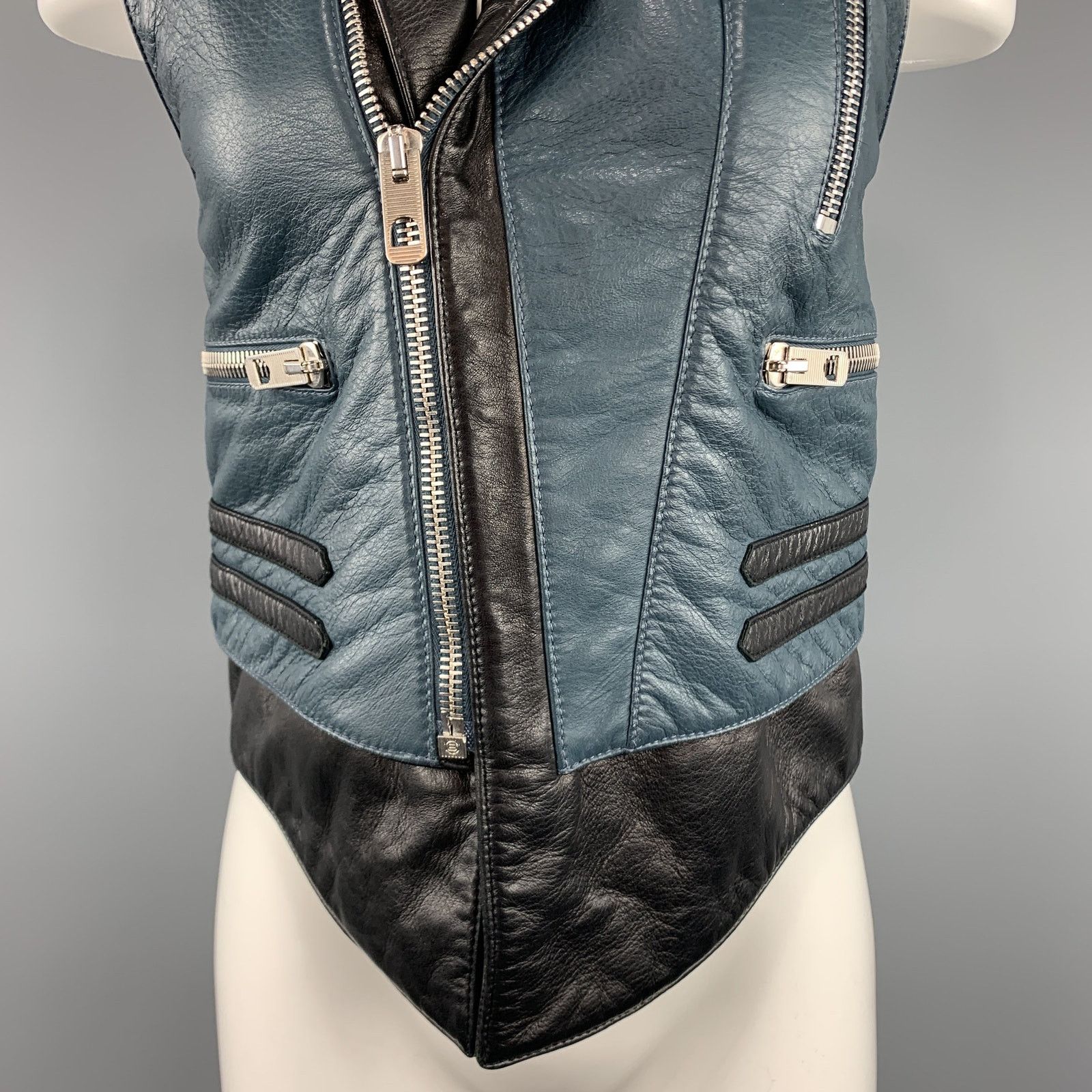 Balenciaga Size 8 Black & Teal Blue Quilted Leather Biker Vest Size US XXS / EU 40 - 3 Thumbnail