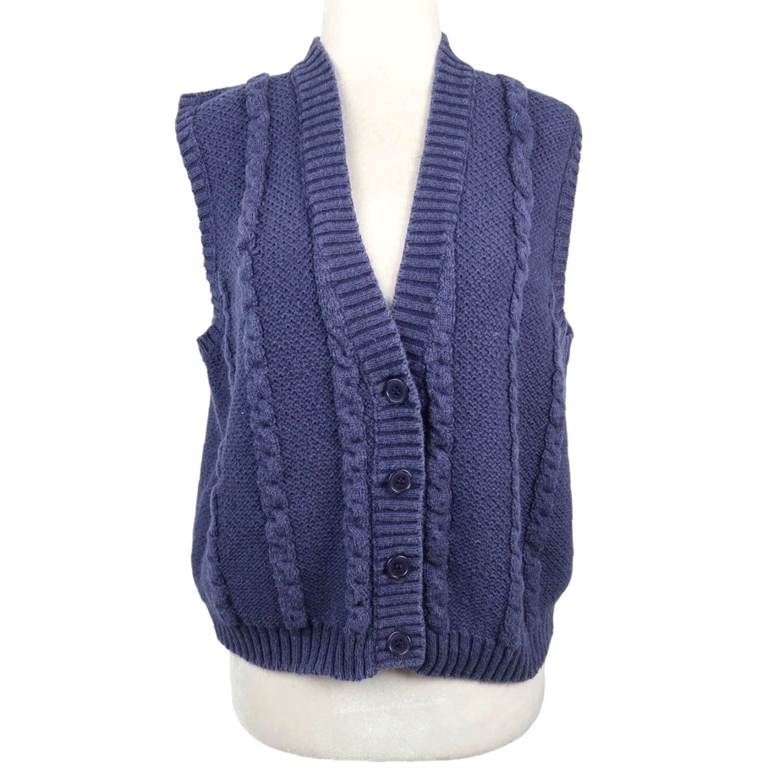 Vintage VINTAGE Hunts' Point Navy Blue Cardigan Sweater Vest M Sleeveless Cable-Knit Cotton Ramie 90s Women Girls Mens? Size M / US 6-8 / IT 42-44 - 2 Thumbnail
