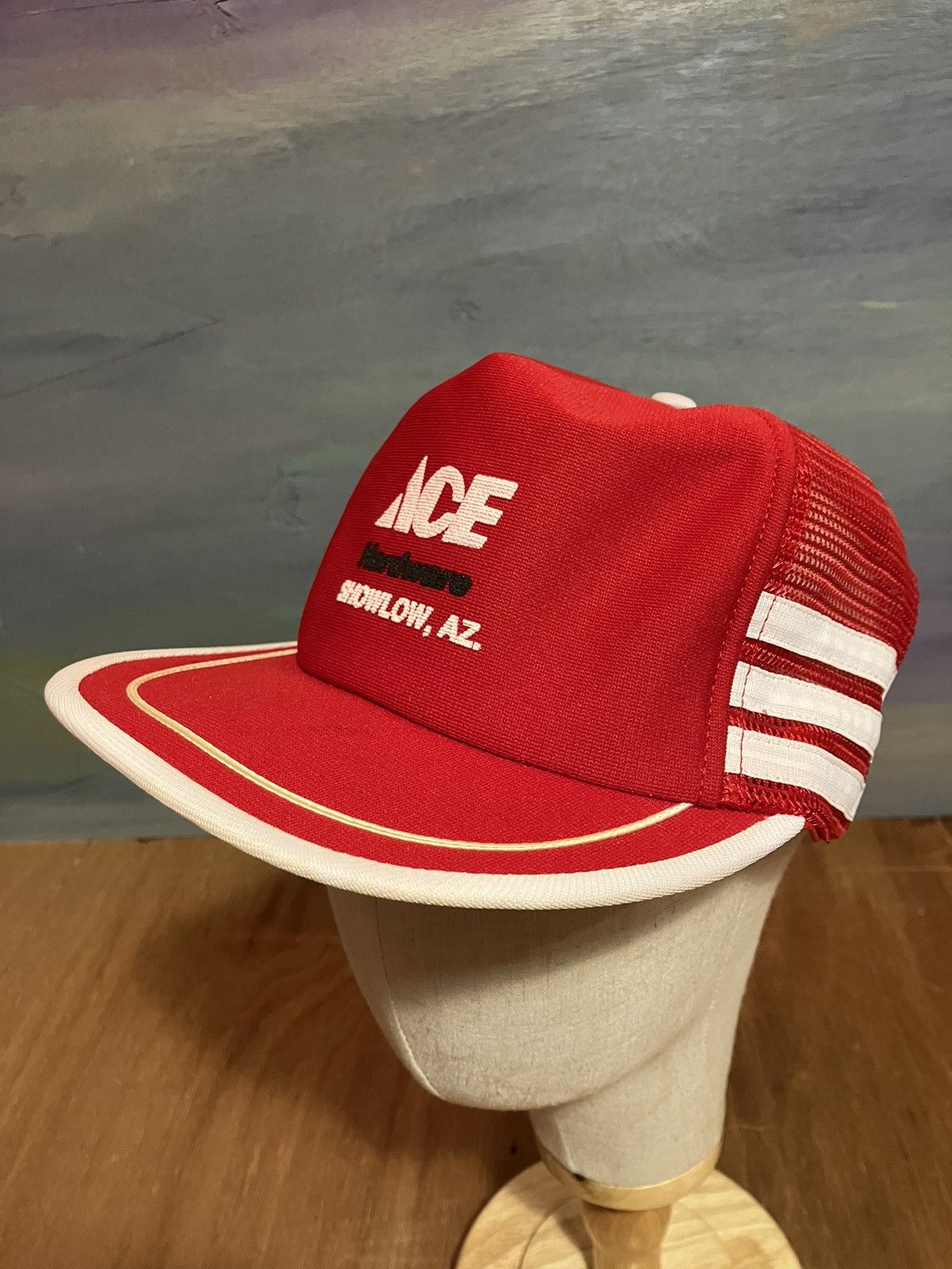 Vintage Three Stripe Trucker Hat Ace Hardware Showlow AZ Red