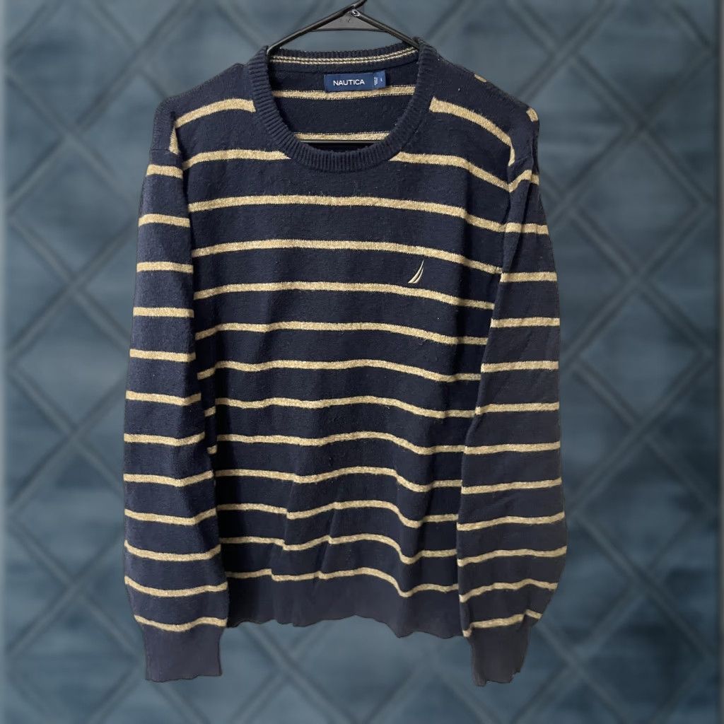 Nautica VINTAGE Nautica Shirt Mens L Navy Beige Striped Logo Crew Neck Cotton Pullover (All Seasons) Mens Size US L / EU 52-54 / 3 - 1 Thumbnail