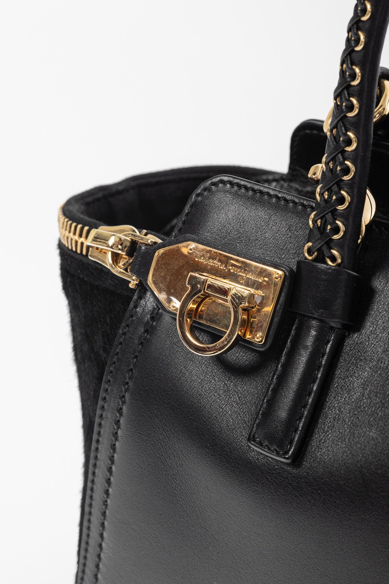Salvatore Ferragamo Salvatore Ferragamo Gancini Black Leather & Calf Hair Tote Size ONE SIZE - 10 Thumbnail