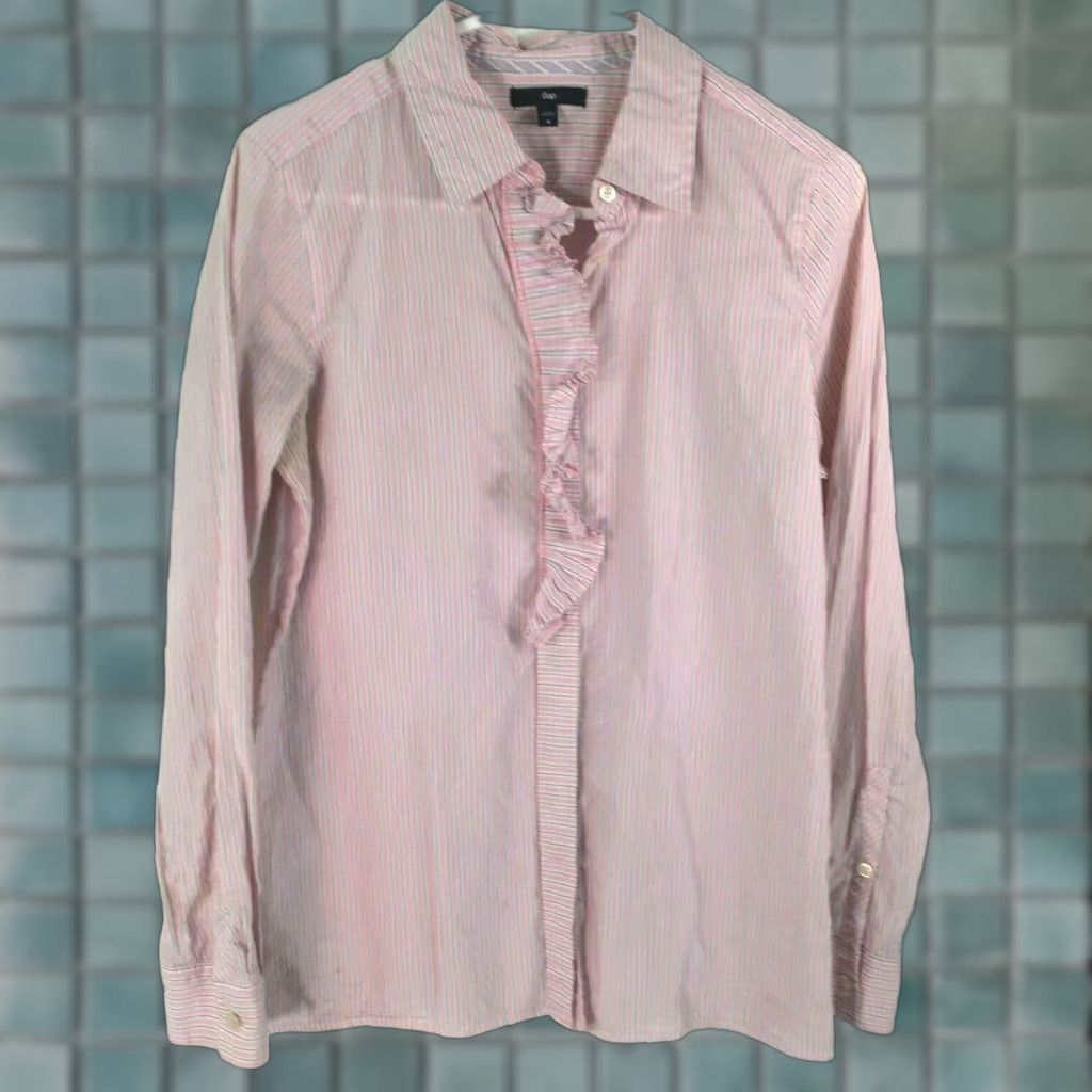 Gap VINTAGE Gap Shirt Womens M Pink Striped Ruffle Front Button Down 1990s Casual Womens Small Ruffle Button-Up Blouse Size M / US 6-8 / IT 42-44 - 1 Thumbnail