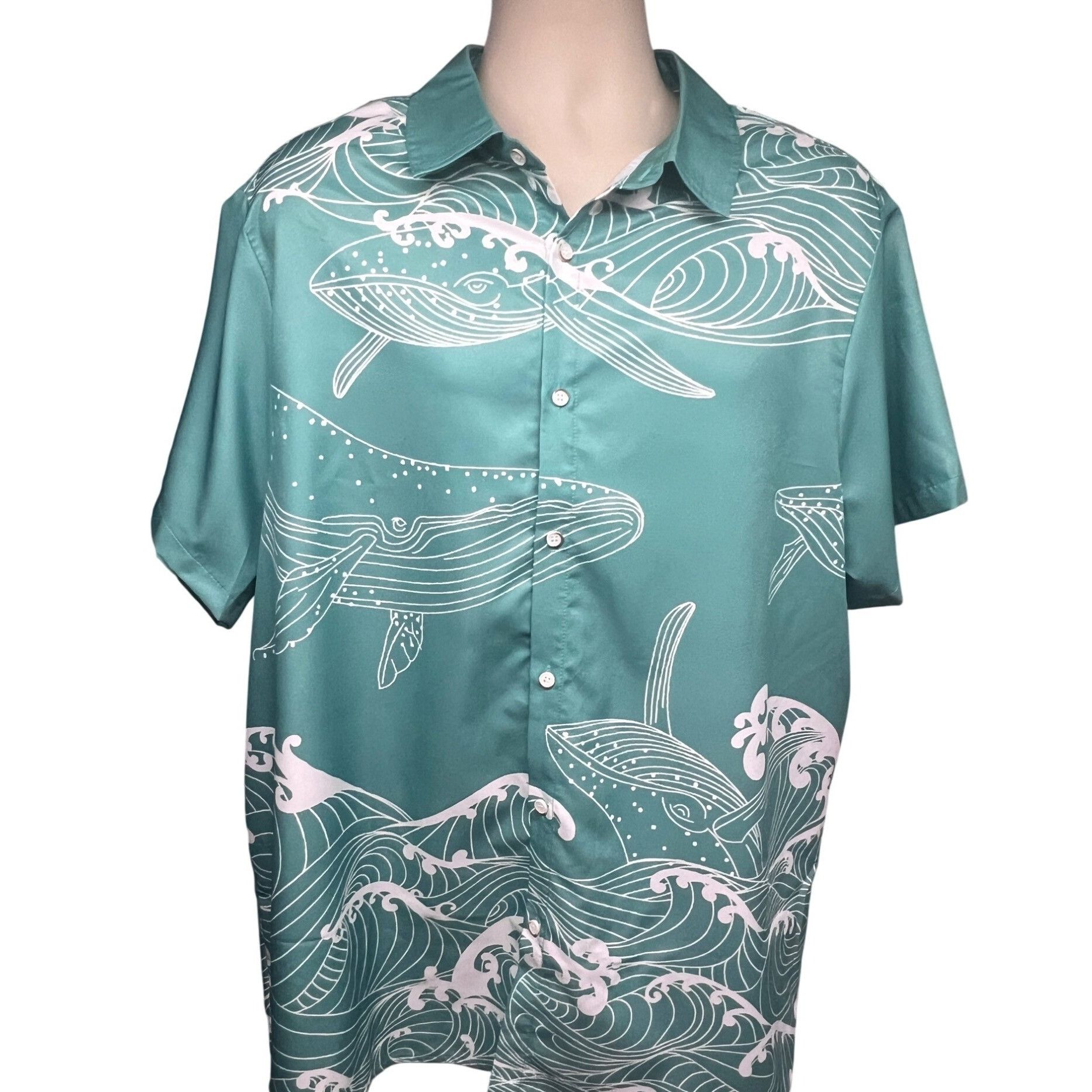 Other Mens Green Hawaiian Aloha Graphic Whales Ocean Button Up Shi Size US XXL / EU 58 / 5 - 1 Thumbnail