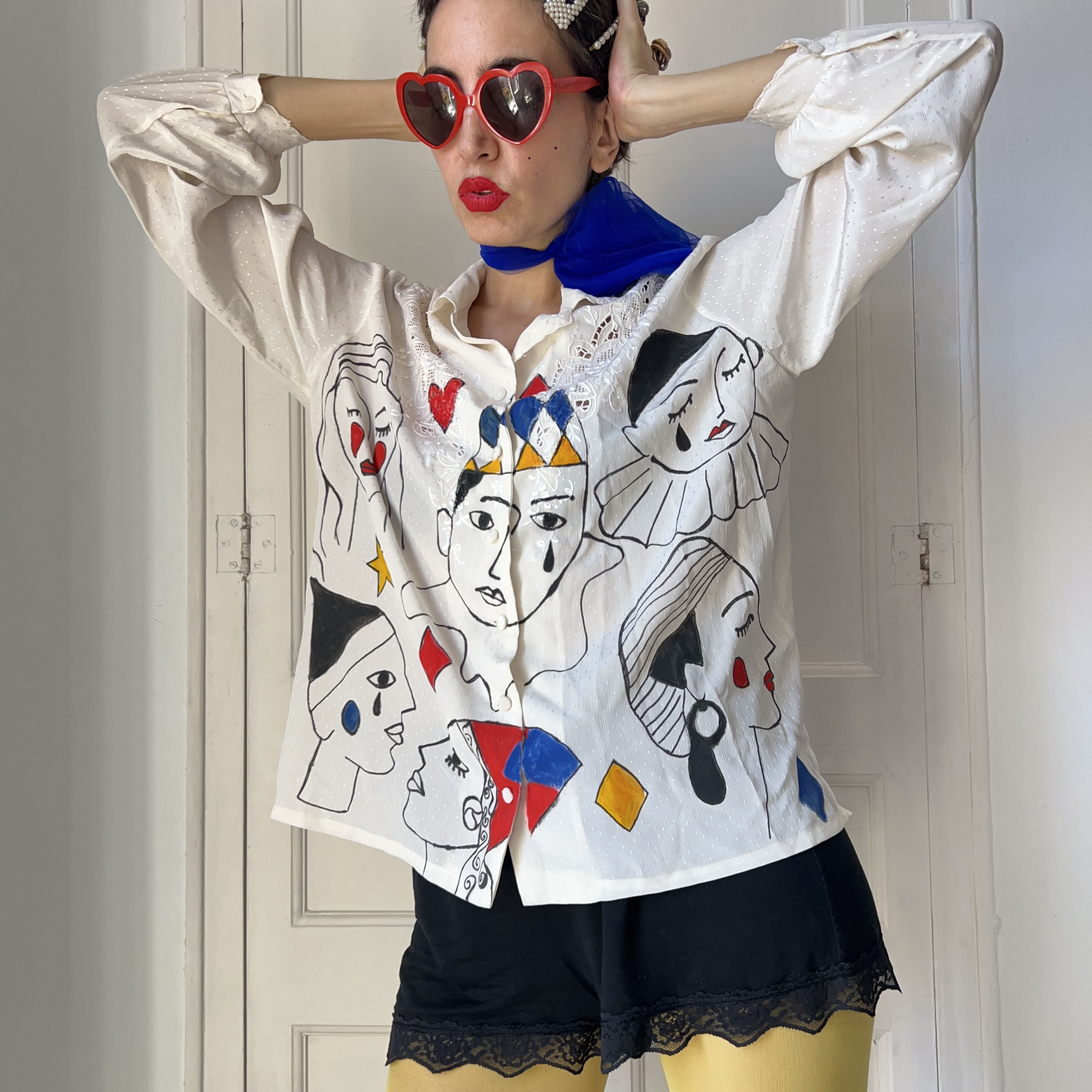Custommade Hand Painted Vintage Harlequin Circus Blouse Size L / US 10 / IT 46 - 4 Thumbnail