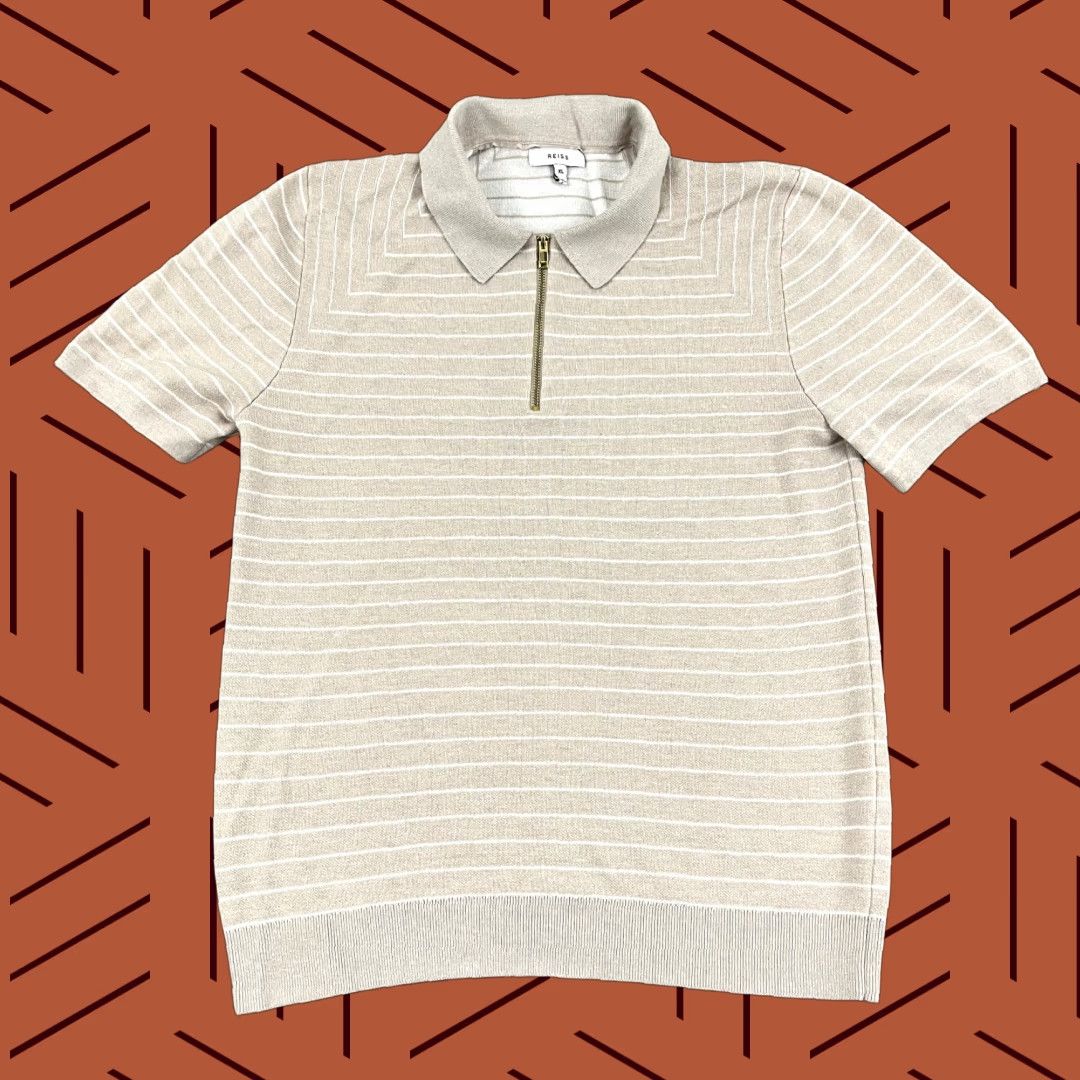 Reiss REISS Shirt Men L/XL Brown White Striped Zip Collar Preppy Old Money Jumper Polo Mens Size US XL / EU 56 / 4 - 1 Thumbnail