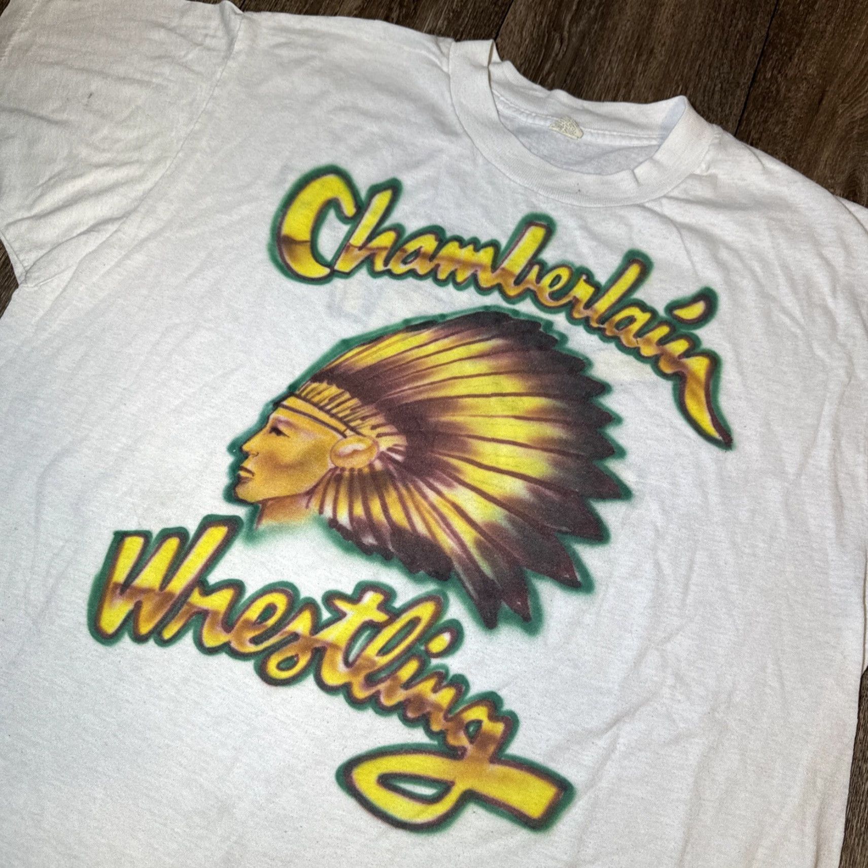 Vintage VINTAGE Chamberlain Chiefs Tampa Florida Wrestling Mascot T-Shirt XL Fits M-L Shirt Mens White Florida 21” Pit to Pit 26” Length Size US L / EU 52-54 / 3 - 2 Thumbnail