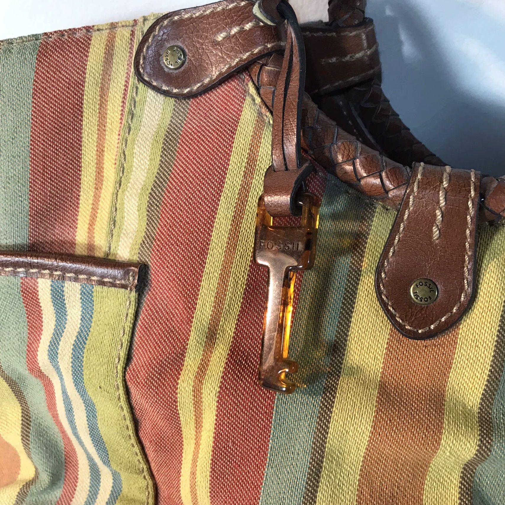 Fossil FOSSIL Women Satchel Bag Medium Rainbow Striped Canvas Leather Trim Casual Travel Workwear Size ONE SIZE - 2 Thumbnail