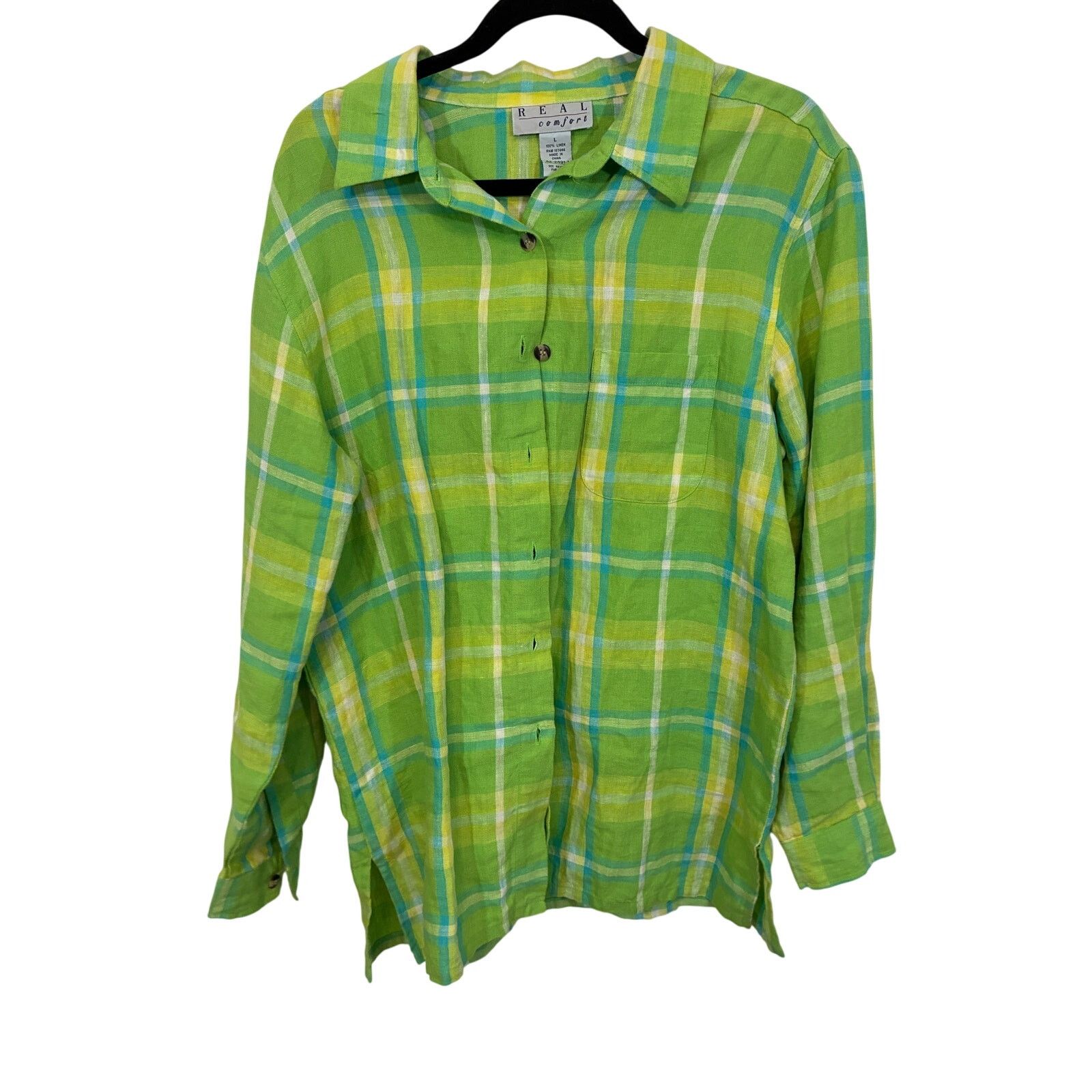 Other Real Comfort Green Linen Plaid Shirt Lightweight Button L Size L / US 10 / IT 46 - 2 Thumbnail