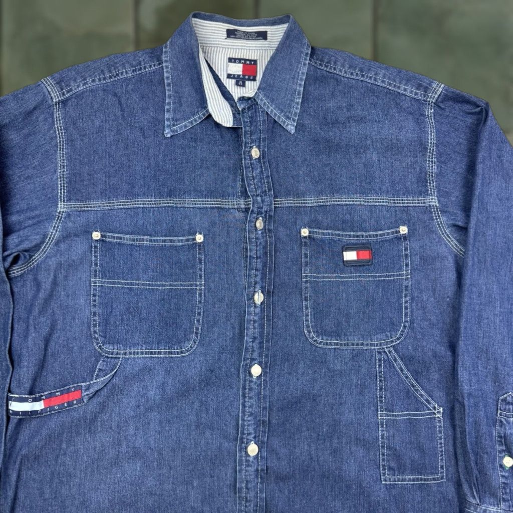 Tommy Hilfiger VINTAGE Tommy Jeans Denim Button Up Shirt Adult Medium Chore Coat Style Hipster Shirt Mens Size US M / EU 48-50 / 2 - 1 Thumbnail