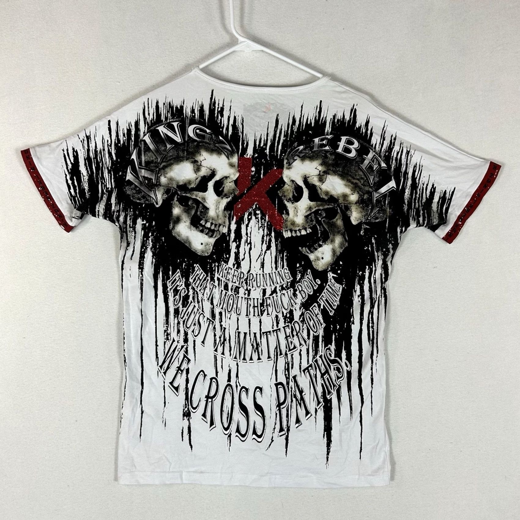 Vintage Kingz Rebel T-Shirt Womens Large White Short Sleeve Crew Neck Rhinestone Graphic Print Jiu Jitsu Size L / US 10 / IT 46 - 5 Thumbnail
