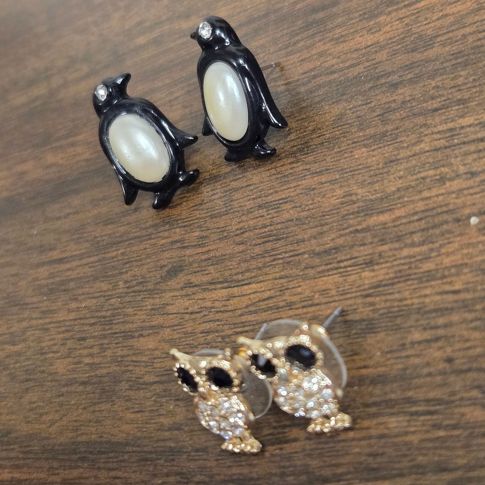 Vintage Gold Tone Owl & Enameled Penguin Studs - Whimsical Bird Size ONE SIZE - 5 Thumbnail