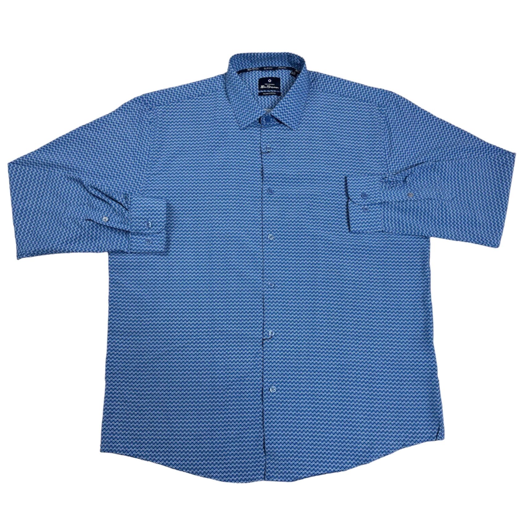 Ben Sherman Mens XL Slim Fit Stretch Geometric Swirls Blue Long Sleeve Button Up Shirt