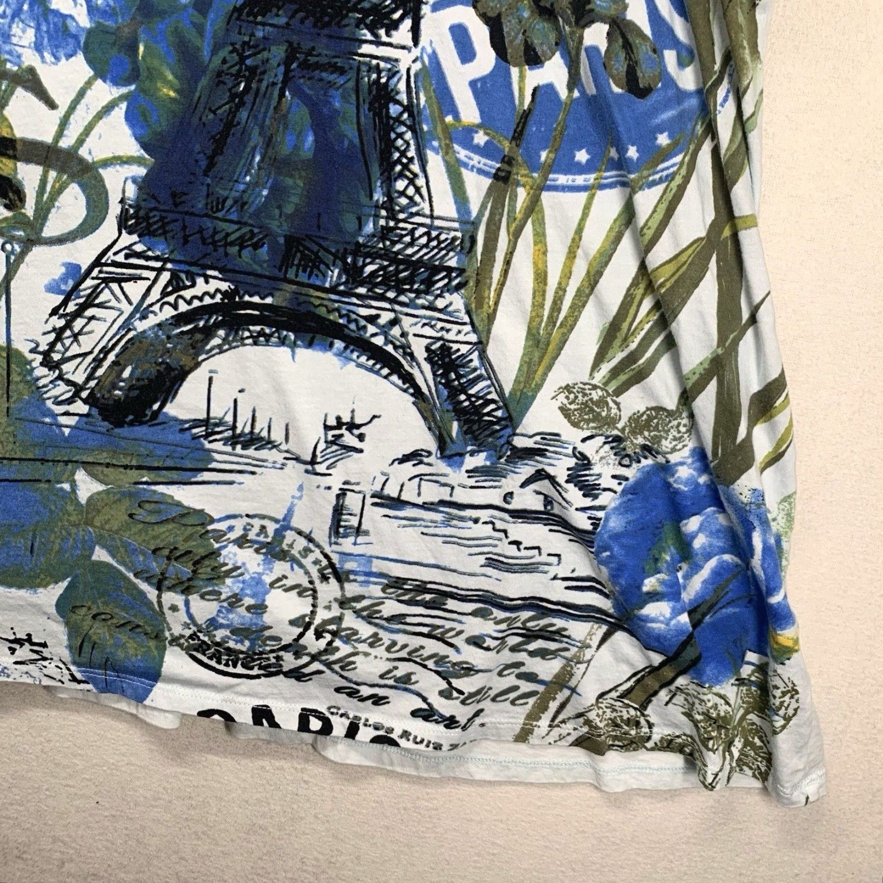 Vintage VINTAGE Roaman's Women's 2X Paris Floral T-Shirt Casual Short Sleeve Cotton Rayon Blue All Seasons Size XXL / US 16-18 / IT 52-54 - 7 Thumbnail