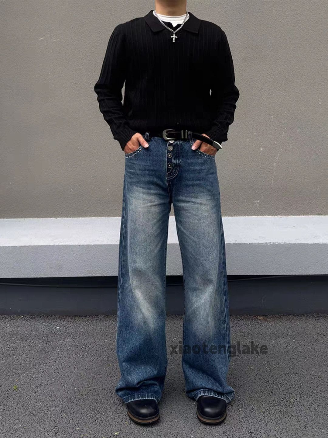 Jean Custom washed faded loose baggy wide Leg hiphop jeans Size US 30 / EU 46 - 1 Thumbnail
